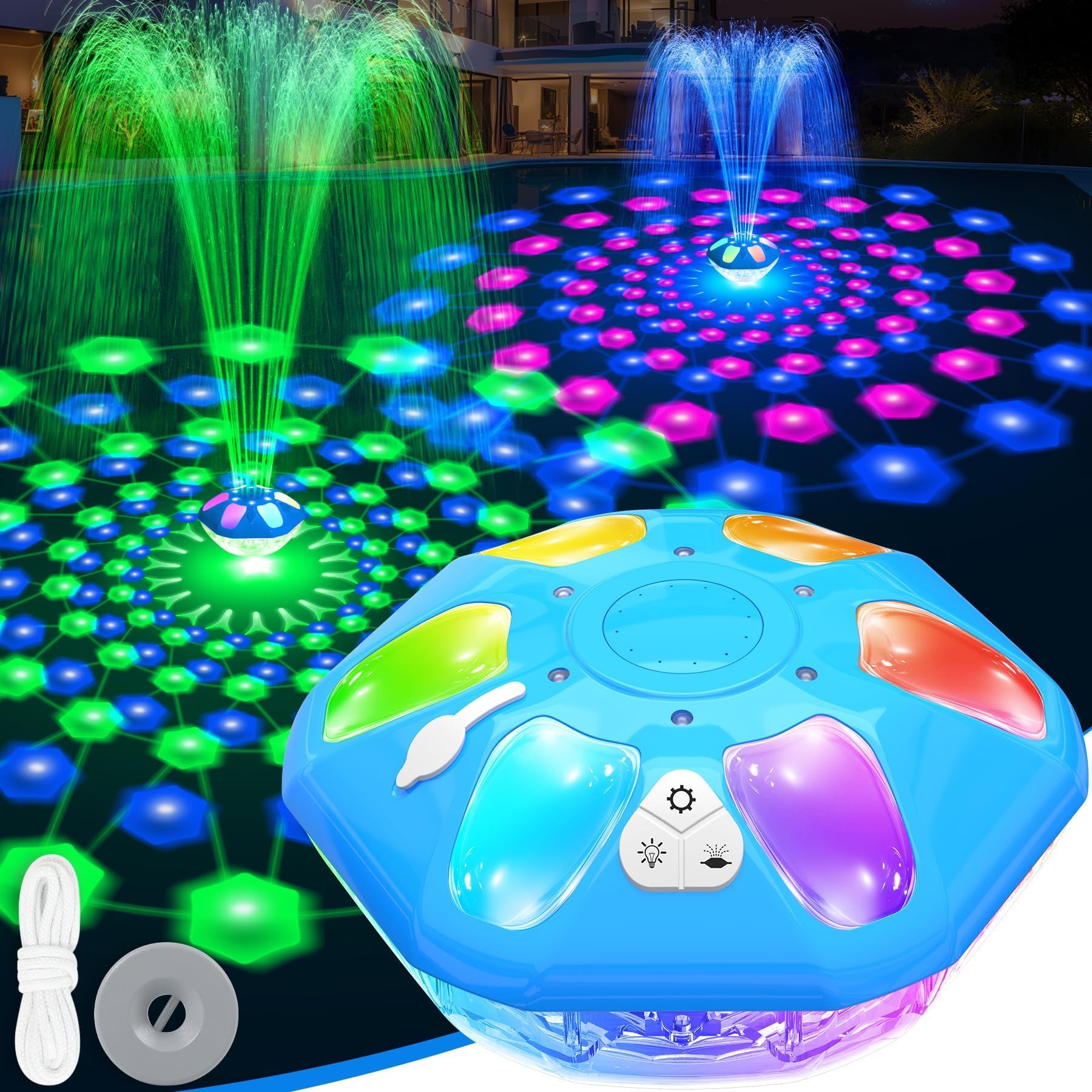 Photo 1 of 2026 Upgraded Pool Fountain,9000mah Rechargeable Floating Pool Fountain with Light Show,Above Ground Pool Water Fountain Pump with Anchor,Large Swimming Pool Fountain for Inground Pool-1PC,Blue