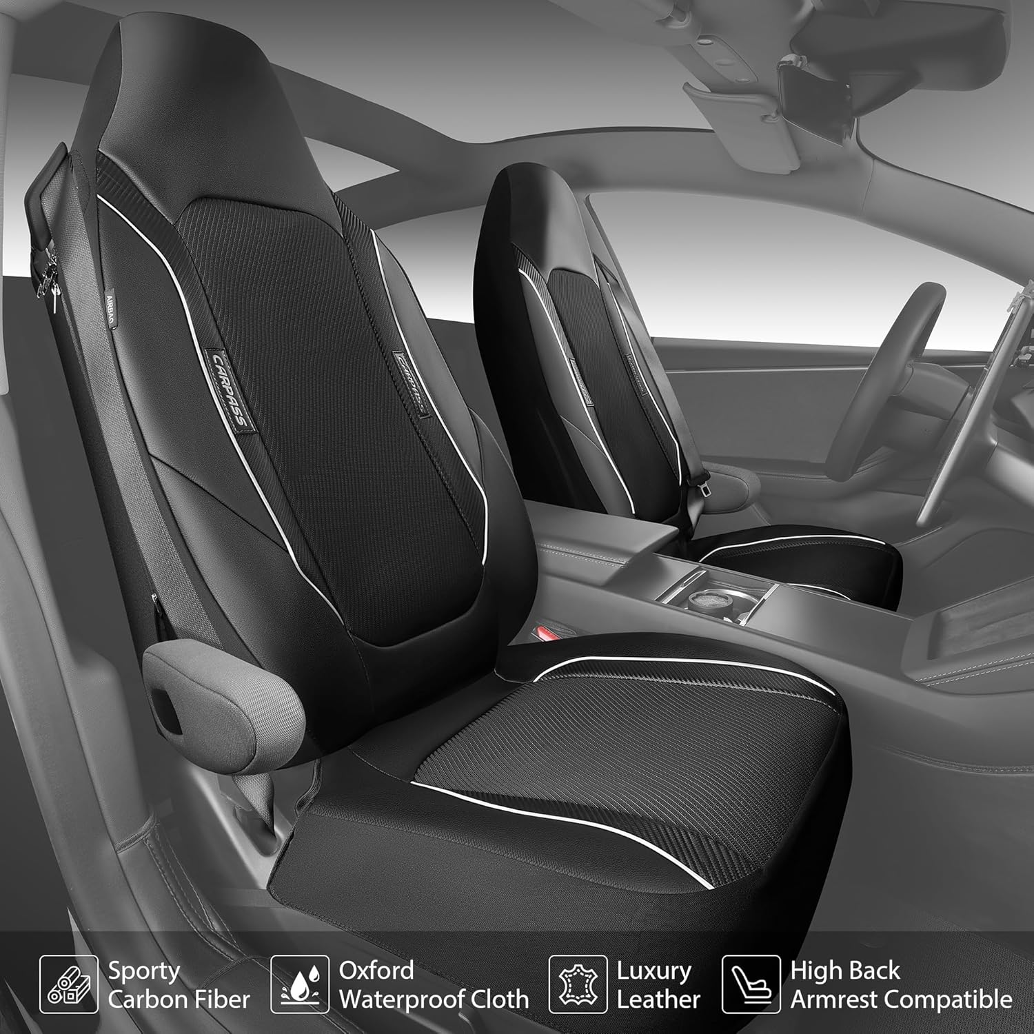 CAR PASS Faux Leather High Back Seat Covers Full Set, Sporty Waterproof Automotive Seat Covers, Anti Slip Airbag Compatible Universal Fit for Most Sedans Trucks Vans Suvs, All Black