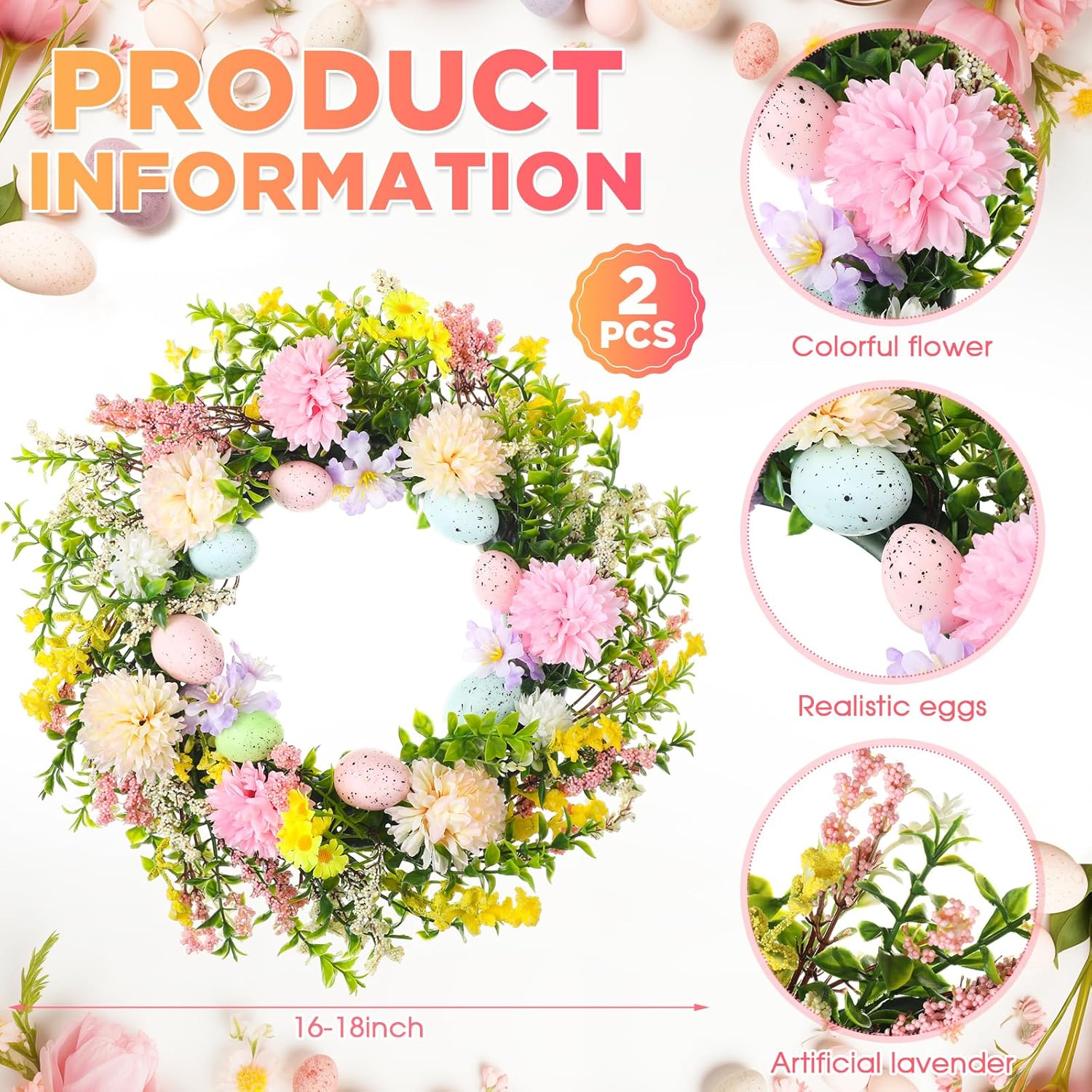 Sosation 2 Pcs 16inch Easter Wreath Decorations for Front Door Spring Artificial Flower Wreath with Colorful Eggs Hydrangea Daisies Eucalyptus Leaves for Easter Day Party Favor Home Outside Farmhouse