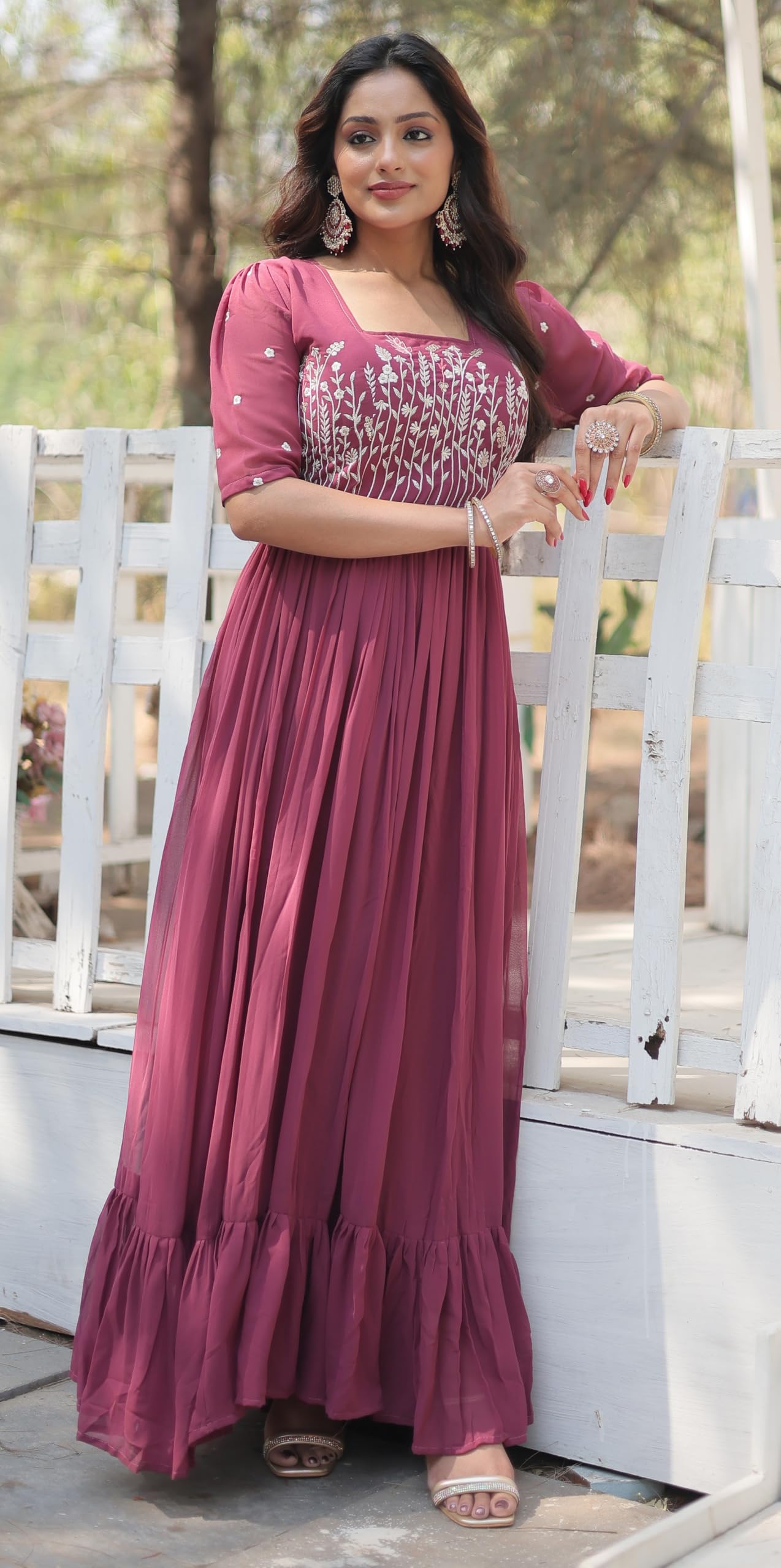Fashion Basket Georgette Anarkali Gown With Sequins And Embroidery For Women With Long Sleeves (In, Alpha, S, Regular, Magenta)