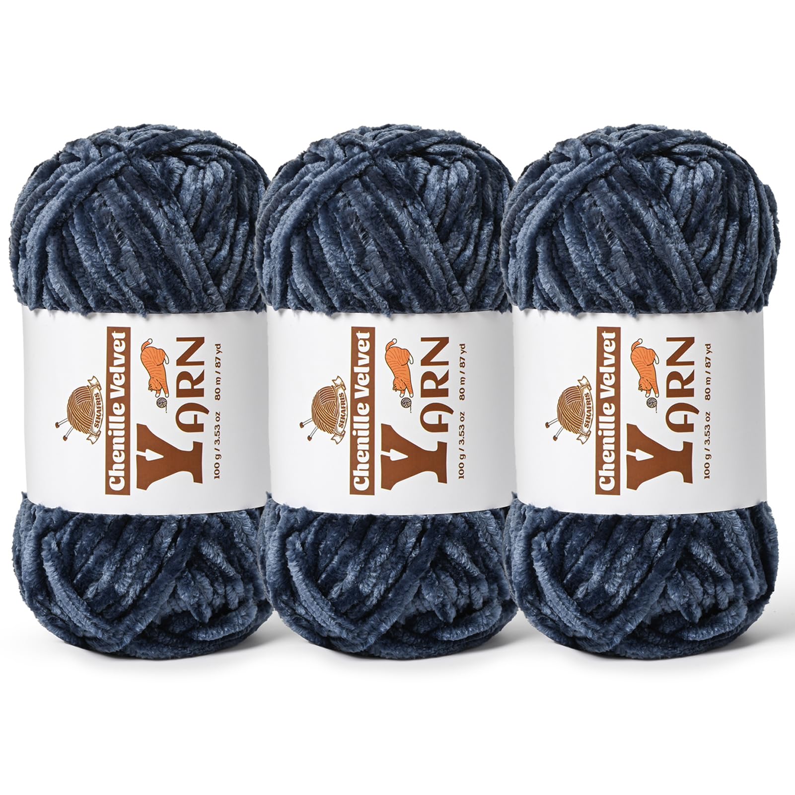 Chenille Crochet Navy Blue Yarn 3 Pack