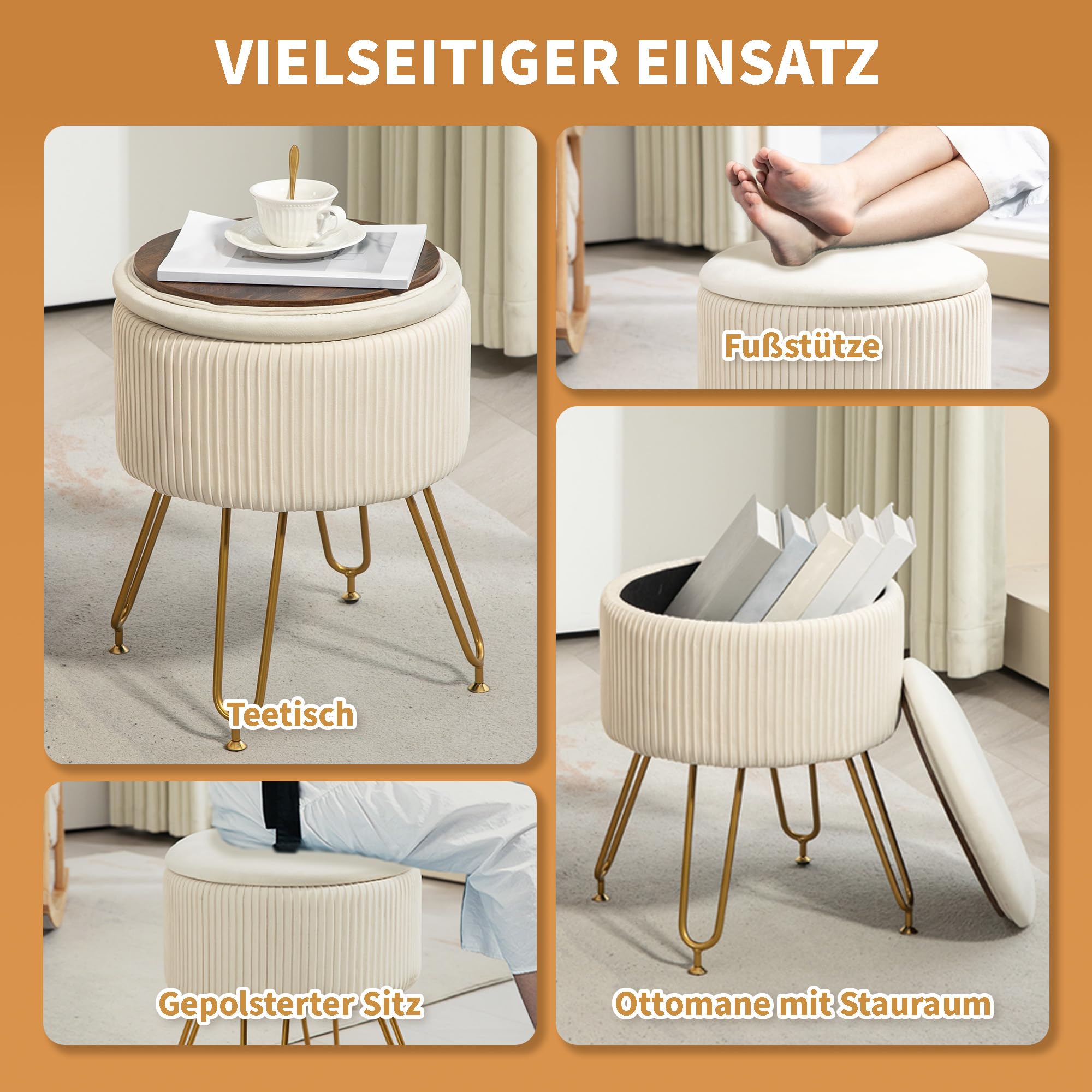 HOMCOM Sitzhocker mit Stauraum 2-in-1 mit Deckel Ø40 x 48 cm Cremeweiß
