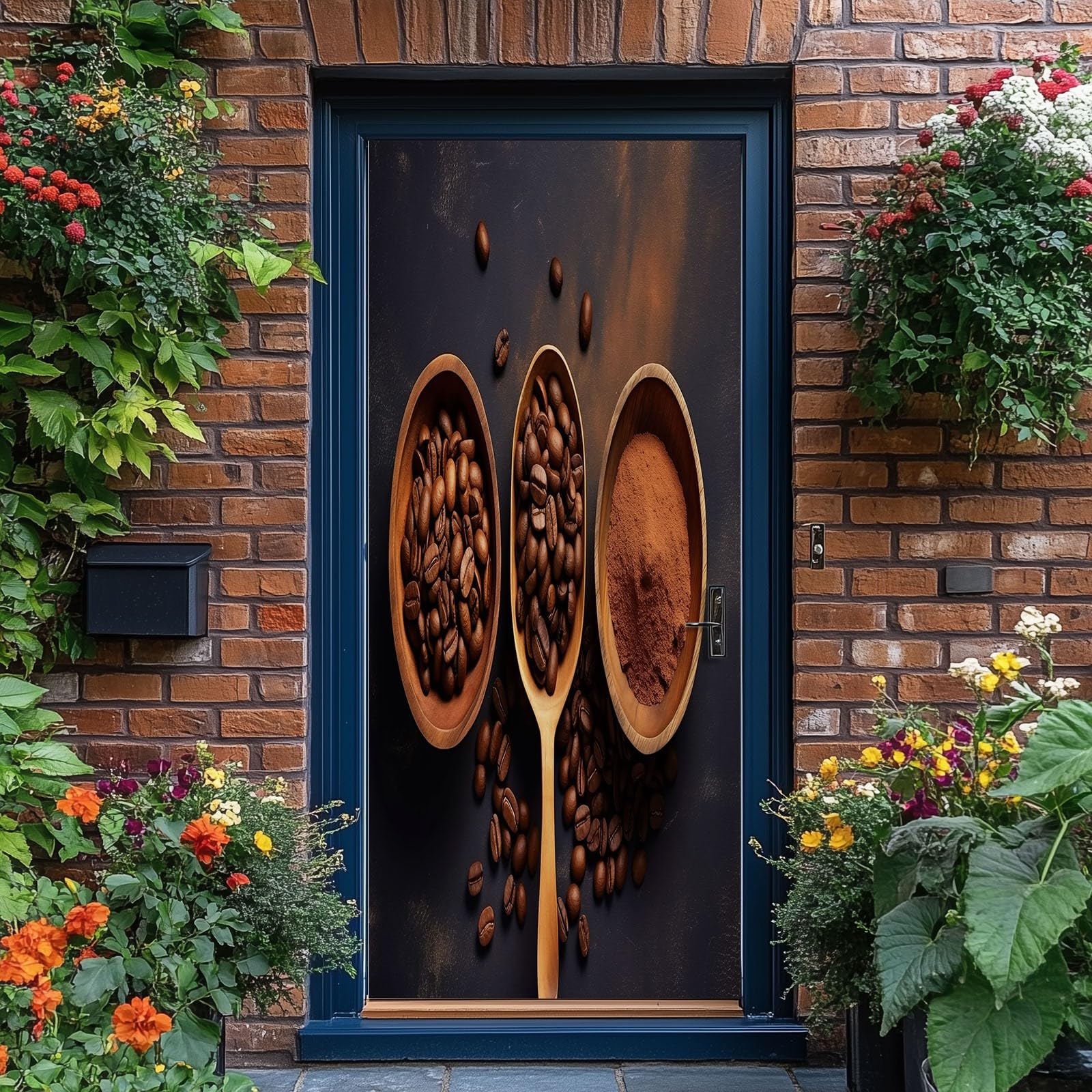 Tapeta na drzwi 3D, samoprzylepna, drewniana łyżka w stylu dworkowym, na ziarna kawy, plakat na drzwi, nowoczesna i prosta, wodoszczelna, zdejmowana folia na drzwi, do salonu, sypialni, łazienki, 85 x
