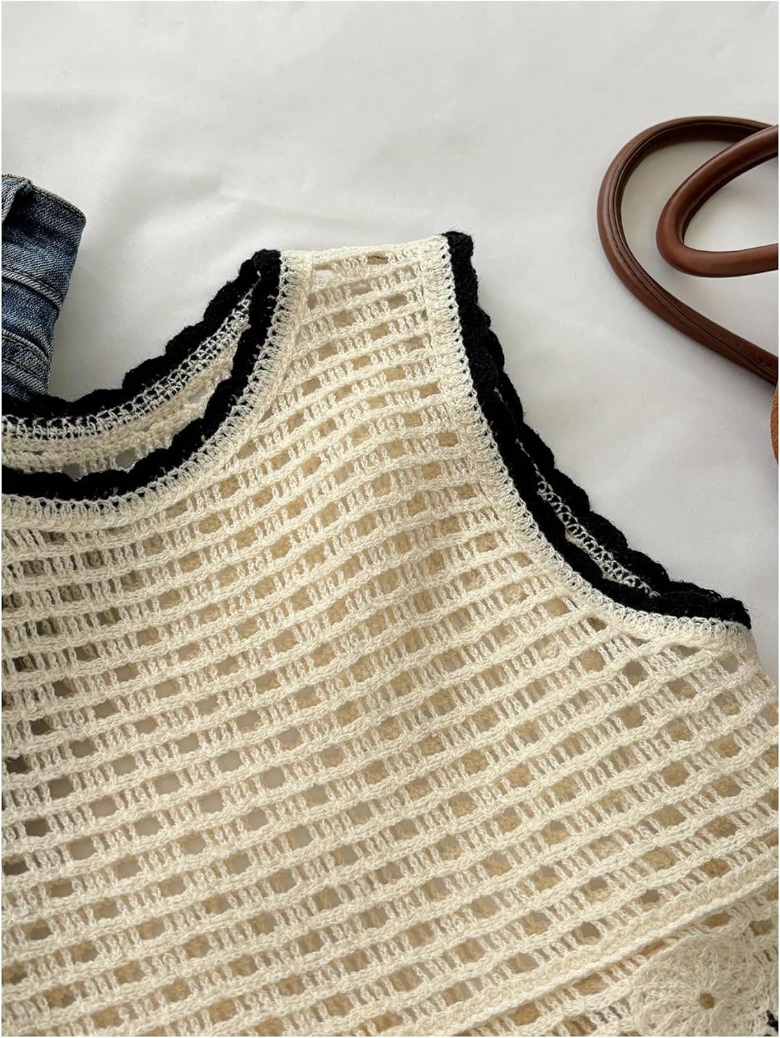 GORGLITTER Women's Crochet Knit Sweater Vests Floral Hollow Out Sleeveless Cardigan Tank Tops Beige Small - Image 3