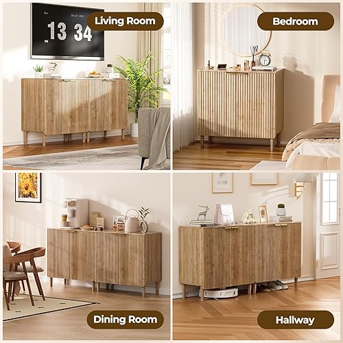 Miniatura 9 de Aparador de buffet con almacenamiento, armarios de madera con estantes ajustables, puertas acanaladas, mesa consola antipunta para cocina, comedor,