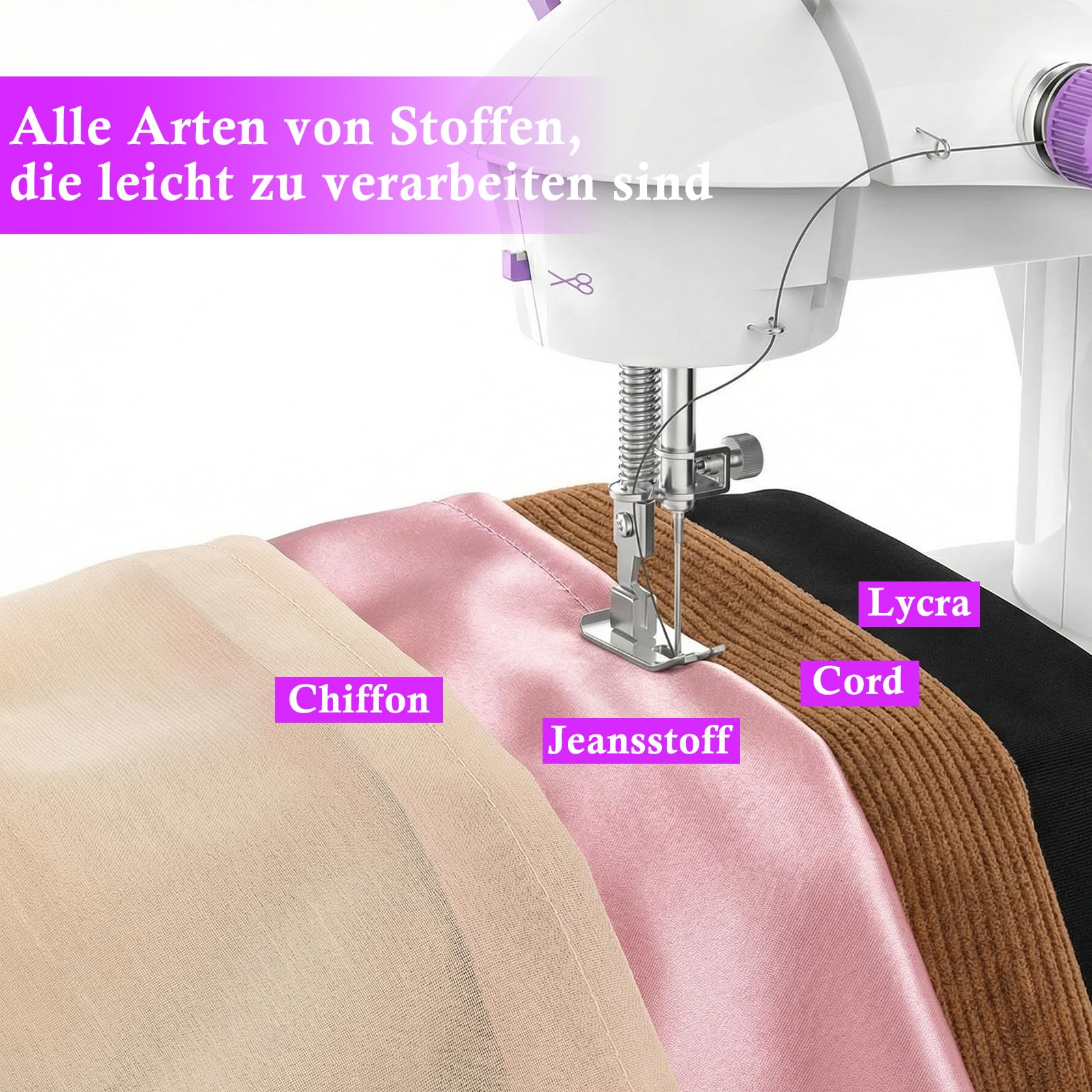 Nähmaschine für Anfänger mit 42 Teilen Zubehör, Tragbare Nähmaschine Kinder Elektrisch mit Dual-Speed, Leicht Tragbar für DIY & Handarbeit - für Kinder & Erwachsene (Lila/Weiß)