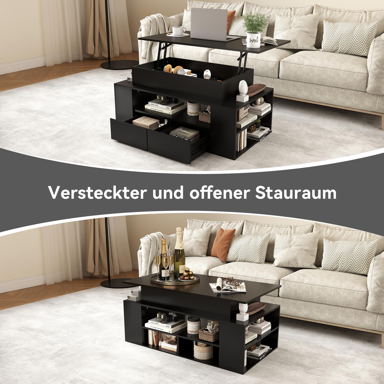 YU YUSING Couchtisch Höhenverstellbar mit Stauraum und LED, Wohnzimmertisch mit Verstecktem Fach und 2 Schubladen, Beistelltisch Umwandelbar in Esstisch, 90x50cm Sofatisch für Wohnzimmer, Schwarz