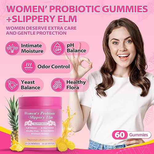 Miniatura 2 de Her Juicy Feminine Probiotics Gummies para mujeres apoya el equilibrio del pH, la salud digestiva e inmunológica con olmo resbaladizo sabor a piña