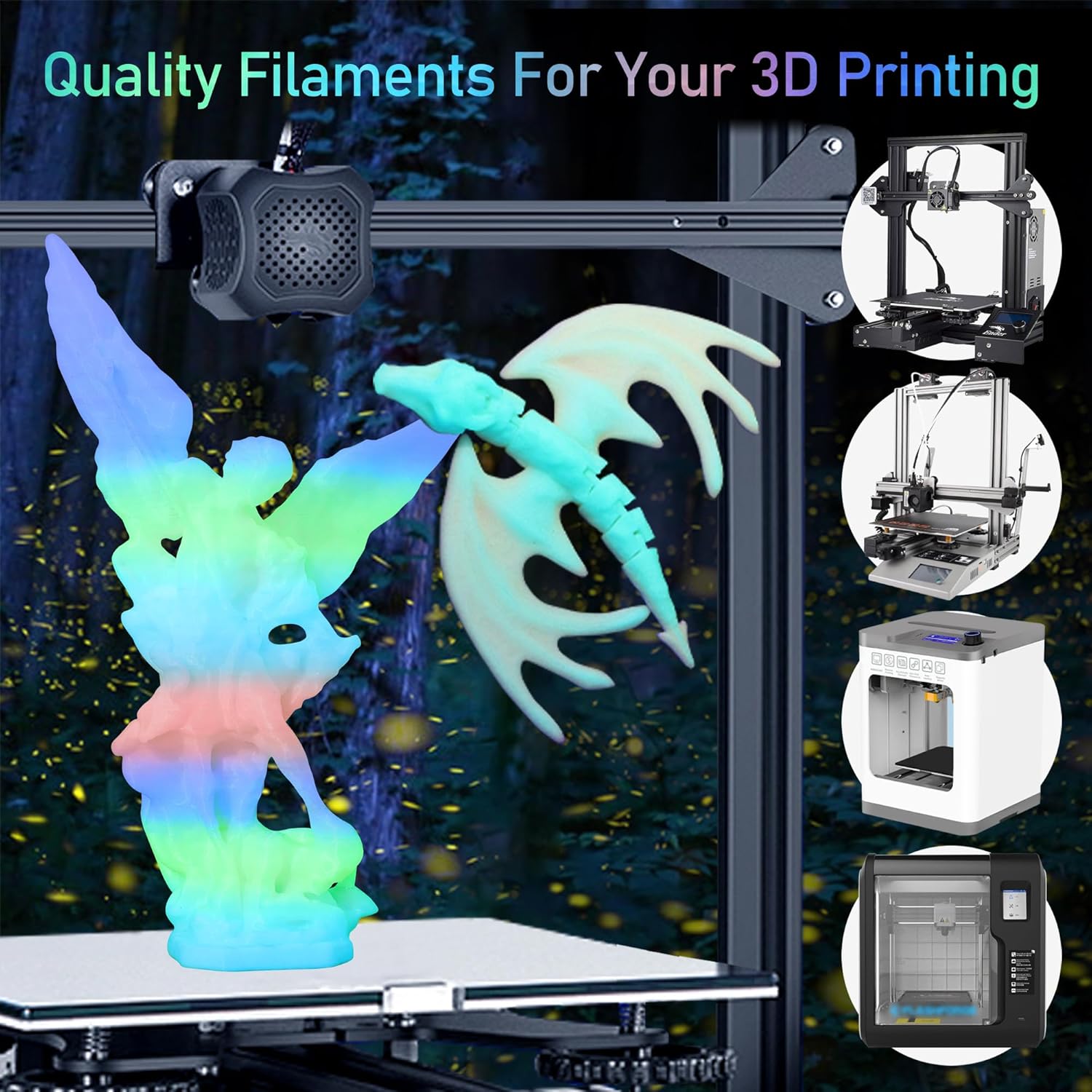 4 Spools Glowing in Dark PLA Bundle, Glow in Dark Green Blue Purple Fast Color Change Rainbow, Each Spool 0.25kg, 4 Spools, Total 1KG Dark Fluorescent PLA 3D Filament