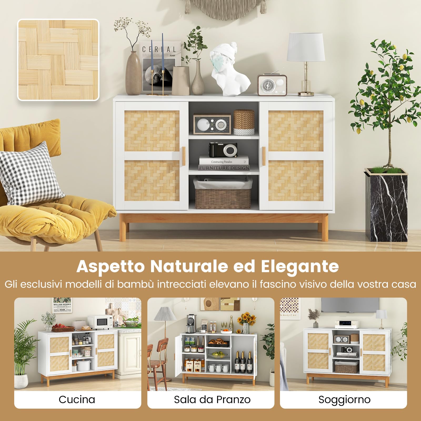 COSTWAY Credenza Buffet da Cucina, Mobile da Cucina con 2 Porte Intrecciate in Bambù, 3 Ripiani Aperti, per Cucina, Sala da Pranzo, Soggiorno e Ingresso, 120 x 35 x 78 cm