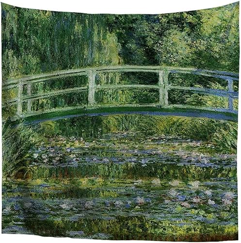 Miniatura 1 de Howanight Tapiz para sala de estar, dormitorio, hogar, tapices decorativos de paisaje, arte de Claude Monet, lirios de agua y puente japonés para