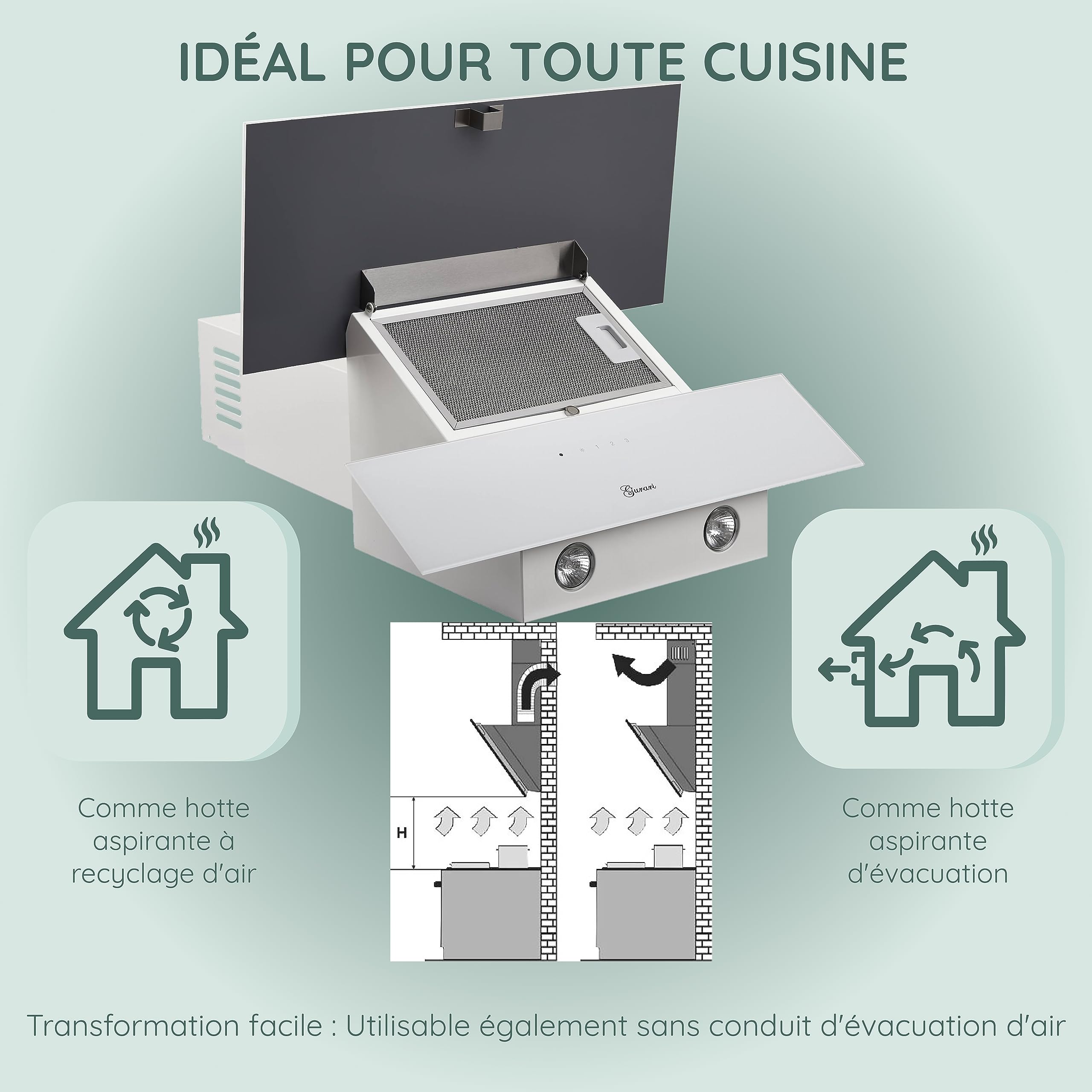 Hotte 80 cm GURARI GCH D 268 WH 8 Prime/Hotte Blanc Verre à Commande Tactile/Hotte éclairage LED inclinée/Hotte de Cuisine Classe A avec filtre à charbon/Hotte Aspirante