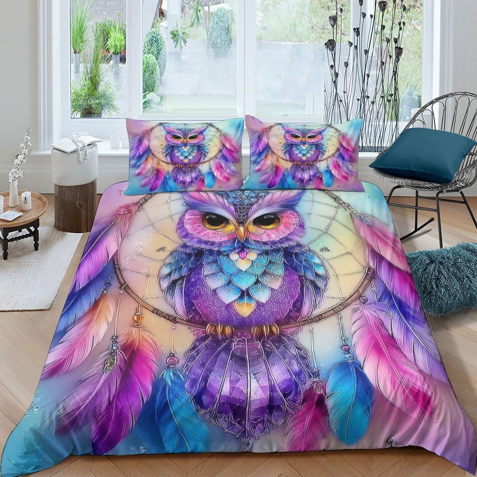 Ctjqhvkz Style-6 3D Printed Colorful Owl Fitted Sheet Microfiber Soft Feathers Mattress Cover For Bedroom Guest Room Dorm Decor Single（135X200cm）