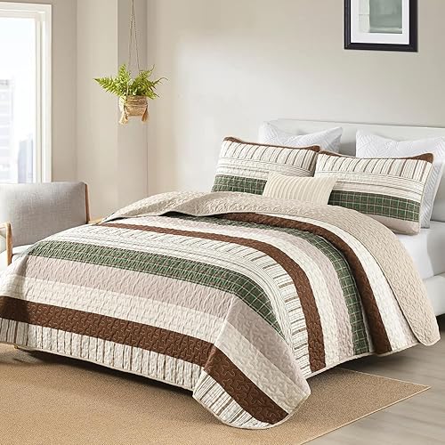 Vista 46 de DJY Juego de edredón a rayas tamaño Queen, juego de colcha bohemia de 3 piezas de color verde salvia, juego de ropa de cama de microfibra suave