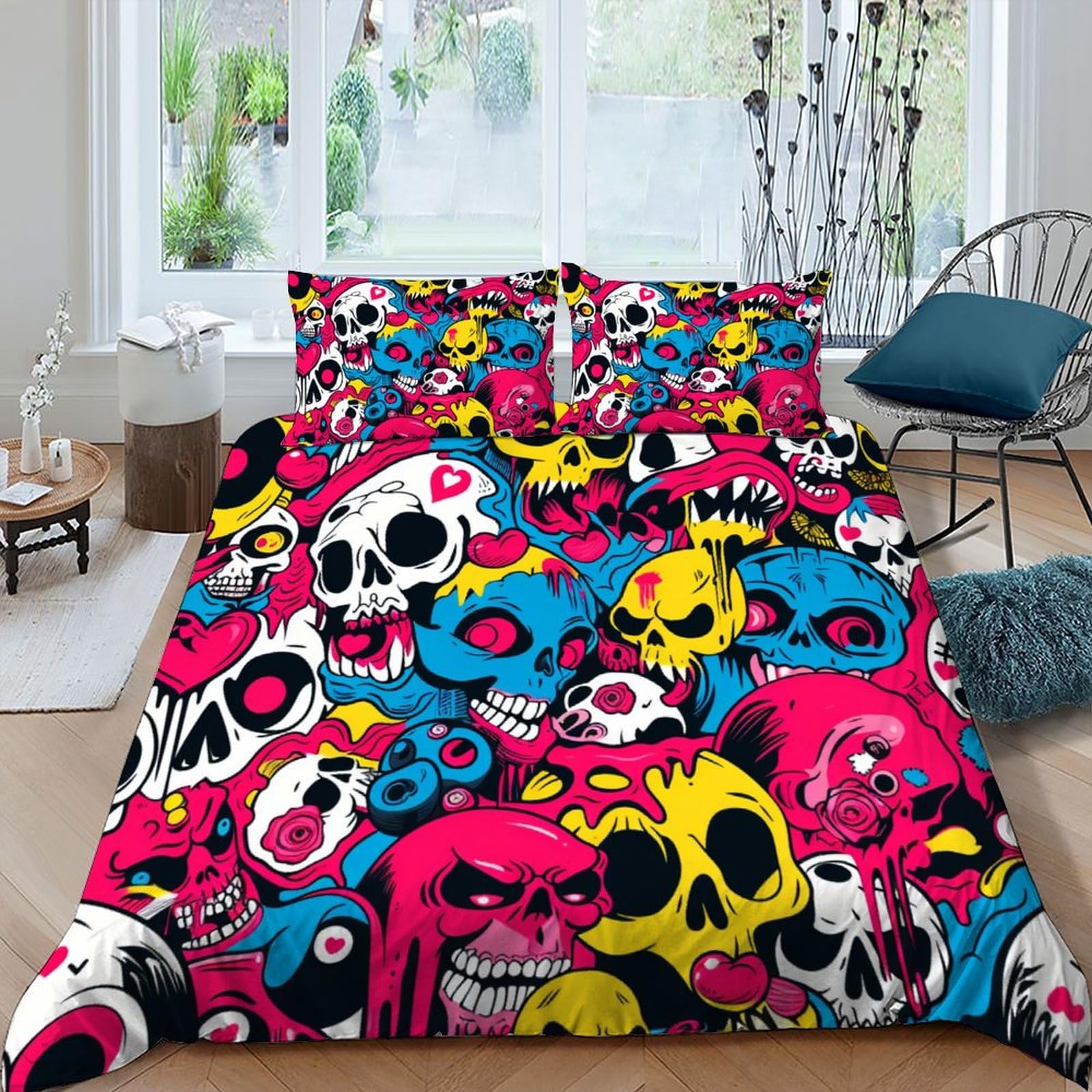 Housse de couette squelette 3D gothique 220x240cm parure de lit adulte microfibre noire