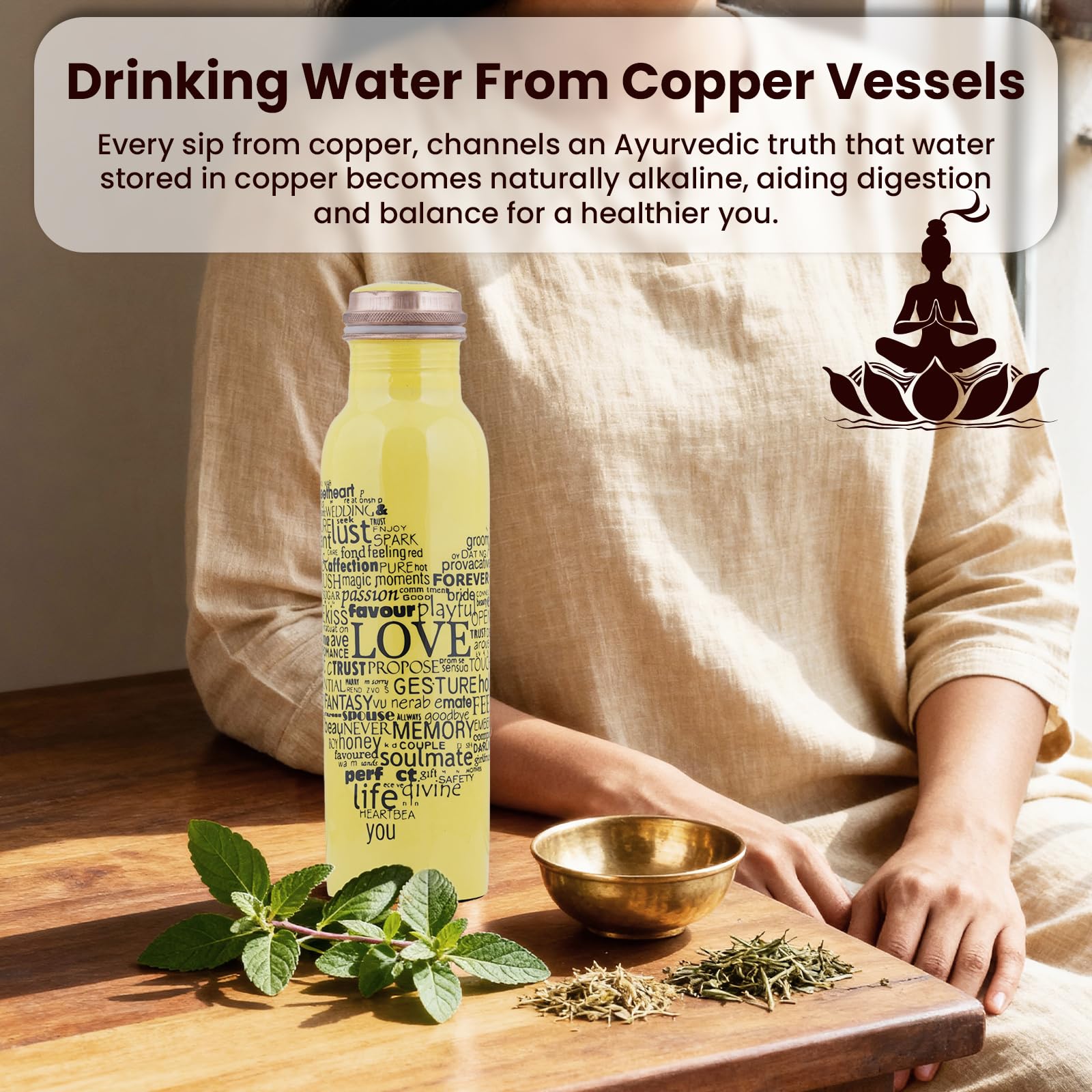 Craft Trade Juego de 2 Botellas de Agua de Cobre Amarillo Impresas con Bolsa de Transporte de Yute | Botellas de Cobre Puro para Beber | Beneficios Ayurvédicos para la Salud | A Prueba de Fugas