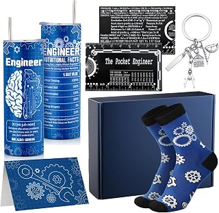 Geiserailie 6 Pcs Christmas Engineer Gifts Set for Men Include Tumbler Cup, Engineering Ruler, Socks, Keychain, Greeting Card, Gift Box for Mechanical Engineering Student Retirement Birthday Gift