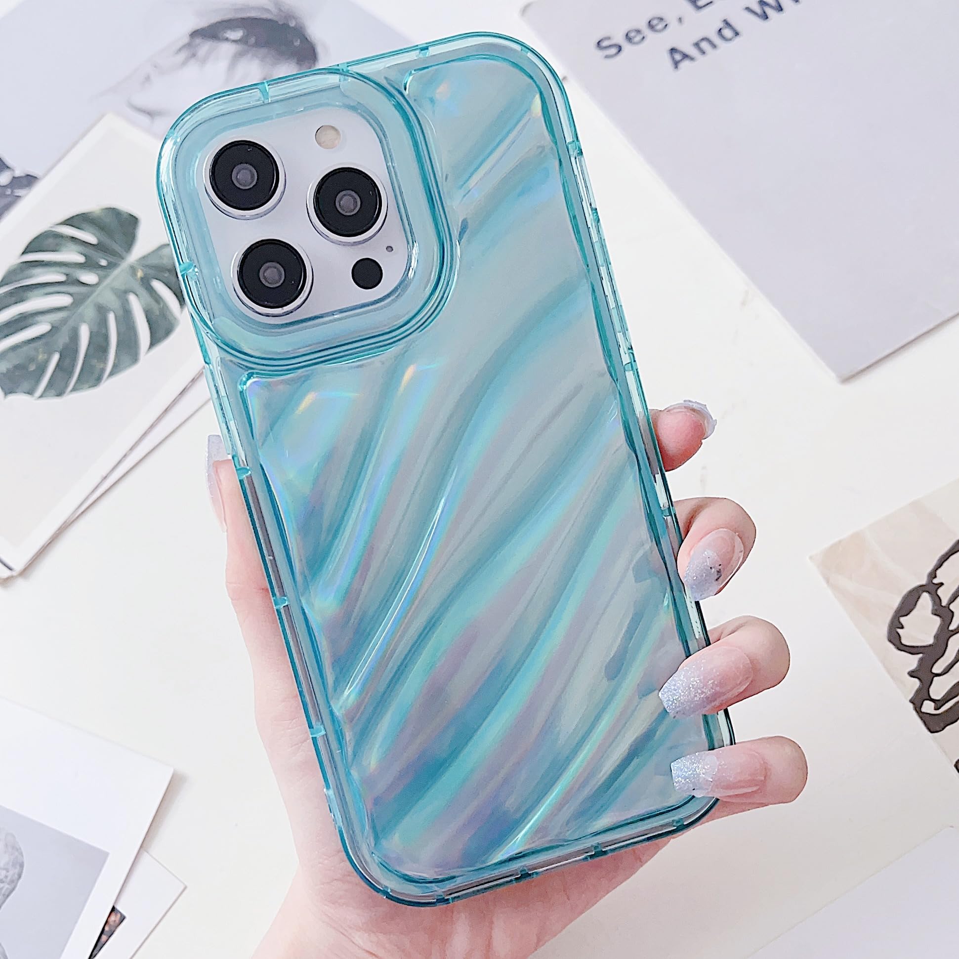 FinyoseeCompatible with iPhone 11 Pro Max Case,Cute Luxury Water Ripple Wavy Pattern Design Holographic Laser Bright Color Phone Cases, Soft TPU Shockproof Protective Cover for Girls Women-Green