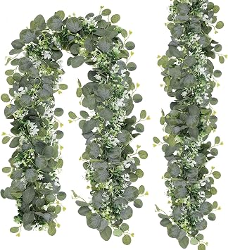 N&T NIETING 2 Pack Artificial Eucalyptus Garland with Flowers, Faux Greenery Garland Decor 6FT Eucalyptus Vines, Fake Hanging Vines Summer Garlands for Table Mantle Wedding Backdrop Decorations