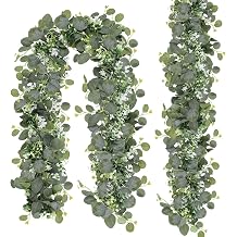 N&T NIETING 2 Pack Artificial Eucalyptus Garland with Flowers, Faux Greenery Garland Decor 6FT Eucalyptus Vines, Fake Hanging Vines Summer Garlands for Table Mantle Wedding Backdrop Decorations