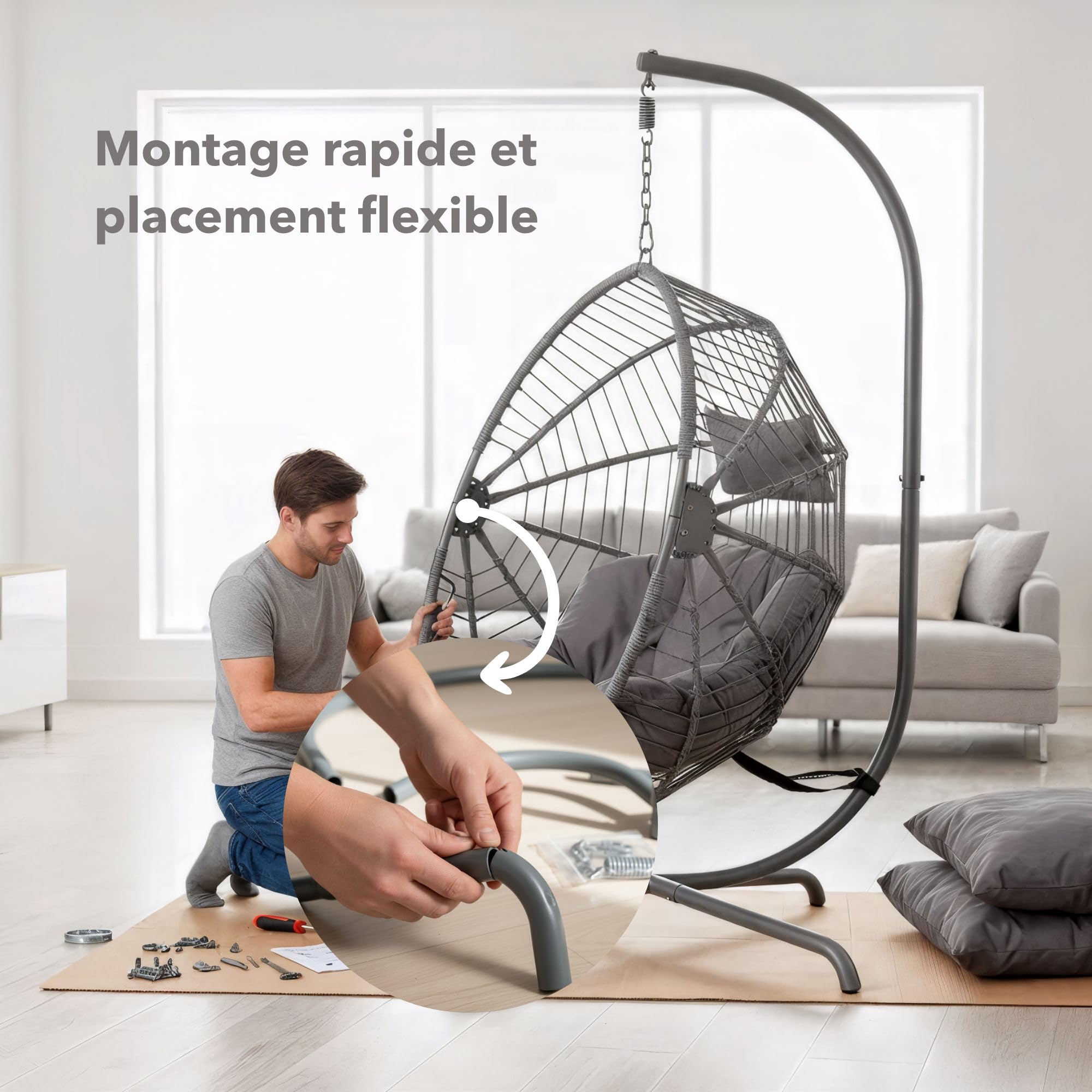Arebos Fauteuil Suspendu avec Armature | Fauteuil Œuf Autoportant pour Jardin & Balcon | Hauteur Réglable 160–180 cm | Cadre en Acier Jusqu’à 130 kg | avec Coussins d’Assise et de Nuque