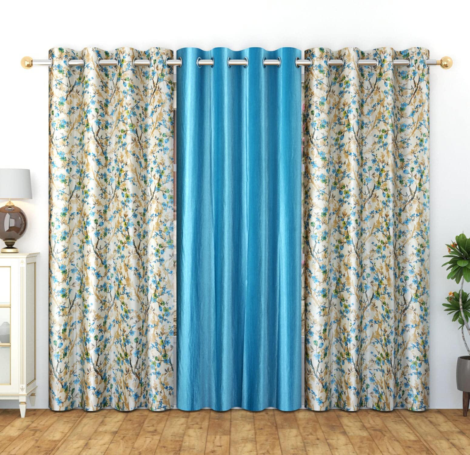 STICHVJ Polyester 3D Printed Solid Floral Grommet Curtains for Long Door 9 ft Pack of 3 (Aqua)