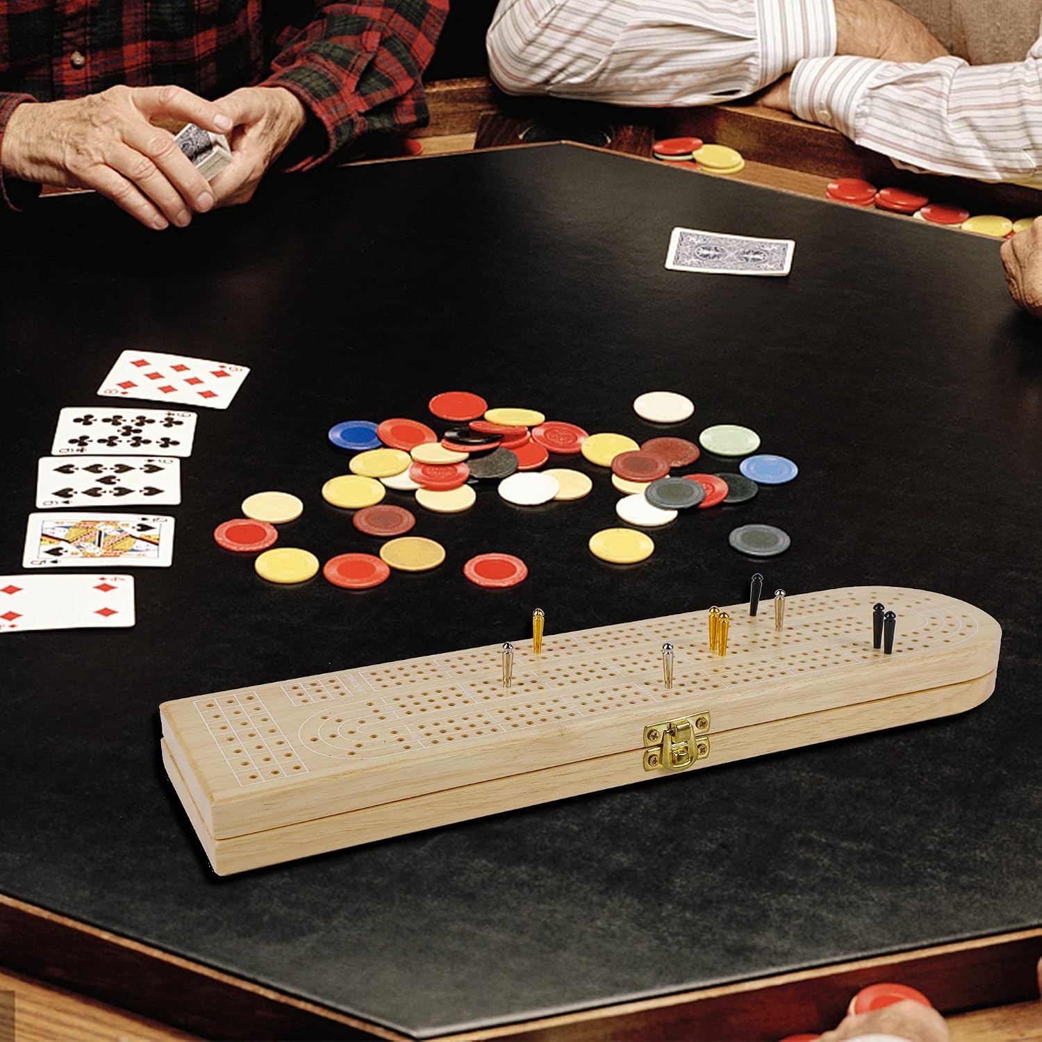 Juegoal Wooden Cribbage Board Game Set, Solid Wood Continuous 3 Track Board with Storage Area, 9 Metal Pegs and Playing Cards, Travel Portable Cribbage Game Sets, Nature Color