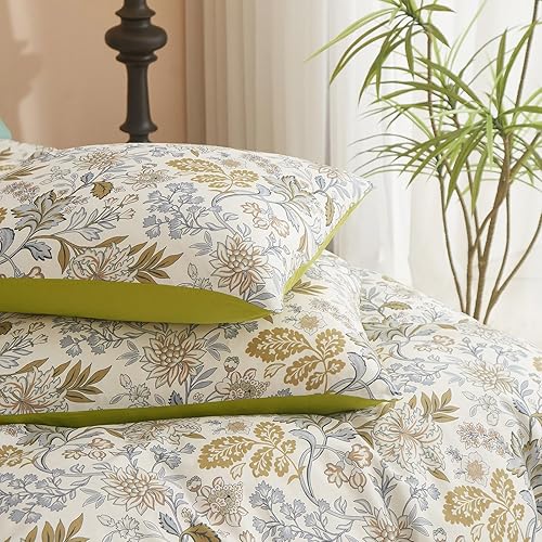 Miniatura 5 de mixinni Juego de funda de edredón de hojas verde oliva, tamaño King sobre blanco, 100 % algodón, con 1 funda de edredón y 2 fundas de almohada para