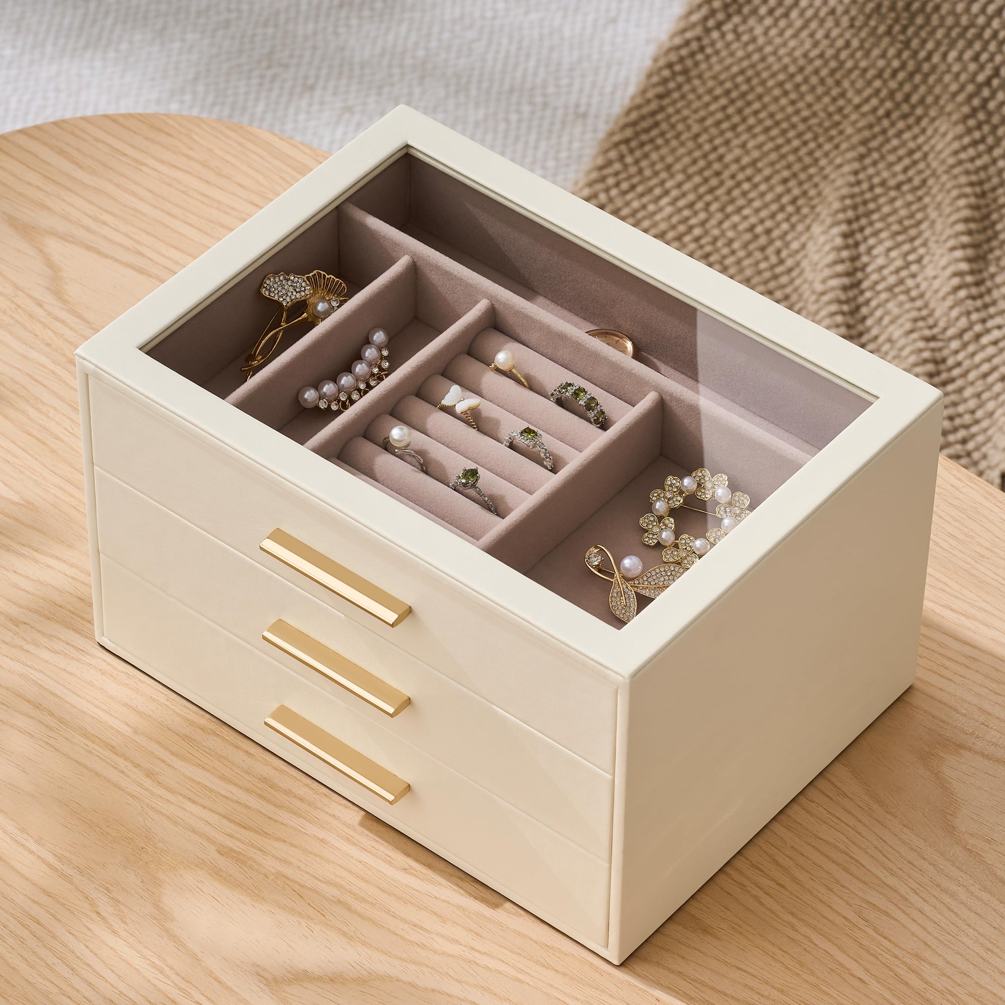 pickpiff Schmuckkästchen-Organizer: 3-stöckiges Schmuckkästchen mit Glasfenster, elfenbeinfarbenes Leder mit rosa Samt, Halterungen für Ringe, Halsketten, Armbänder und Uhren, tolles Geschenk für sie