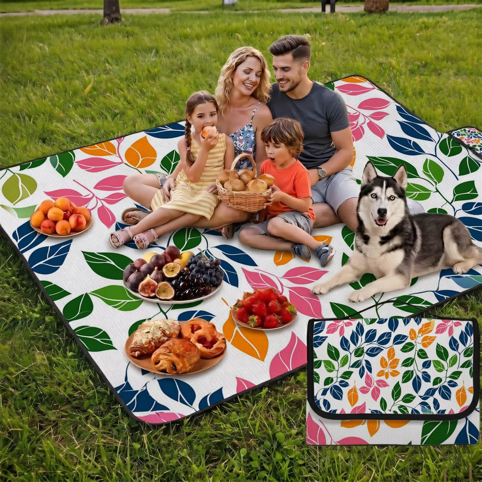 Couverture Pique Nique Grande 200x300cm,Outdoor Couverture Imperméable,Pliable Tapis de Plage Dos en PVC,Picnic Blanket pour Camping Accessoires,Jardin,Parc - en Automne,Les Feuilles (4) UZ-108