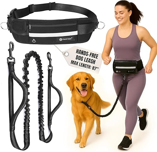 Tails & Tales Correa de perro manos libres con bolsa ligera para la cintura para caminar, correr, senderismo, cinturón ajustable de 25-45 pulgadas,