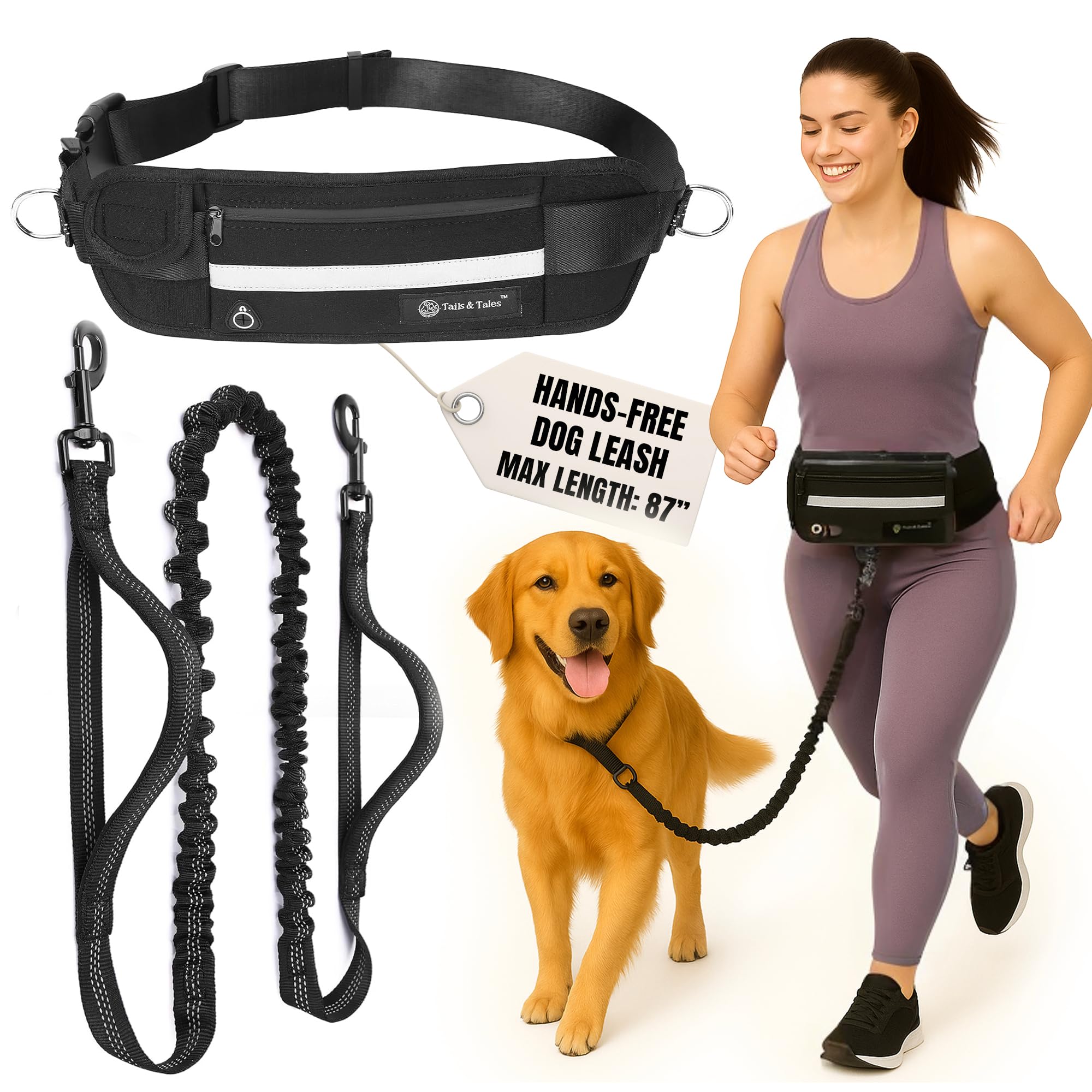 Hands Free Dog Leash with Lightweight Waist Pouch for Walking Running Hiking, Adjustable Belt 25-45", Dual Padded Handles, Reflective Bungee Design for Small to Large 100lb Dogs (Black)