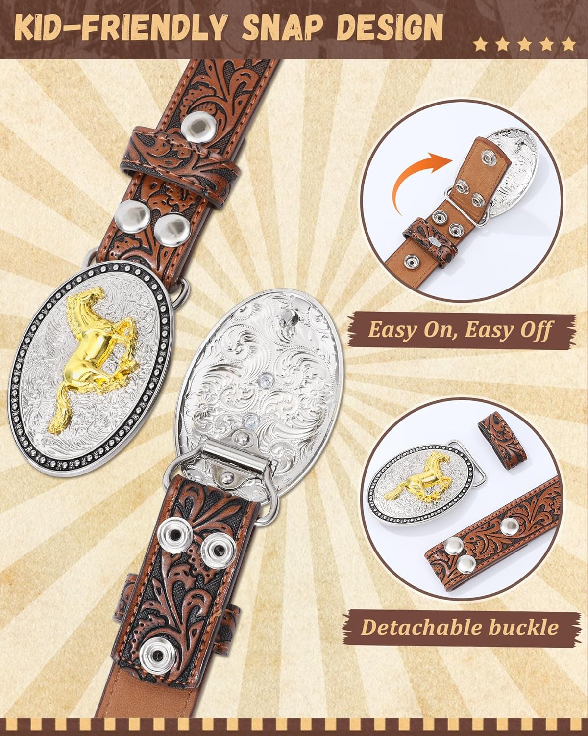 AWAYTR Kids Western Belt for Boys Girls - PU Leather Cowboy Belt Adjustable Toddler to Big Kid Sizes for Jeans - Image 3