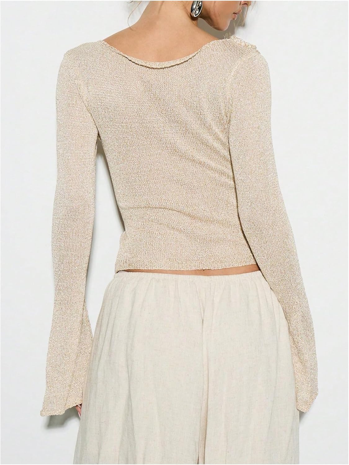 MakeMeChic Women's Lightweight 3D Flower Bell Sleeve Sweater Boat Neck Knit Pullover Tops