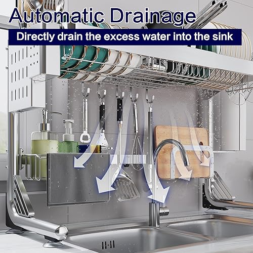 Miniatura 3 de Escurridor de platos sobre el fregadero, escurridor grande para colocar sobre el fregadero, longitud ajustable (24.8 a 35.43 pulgadas), estante