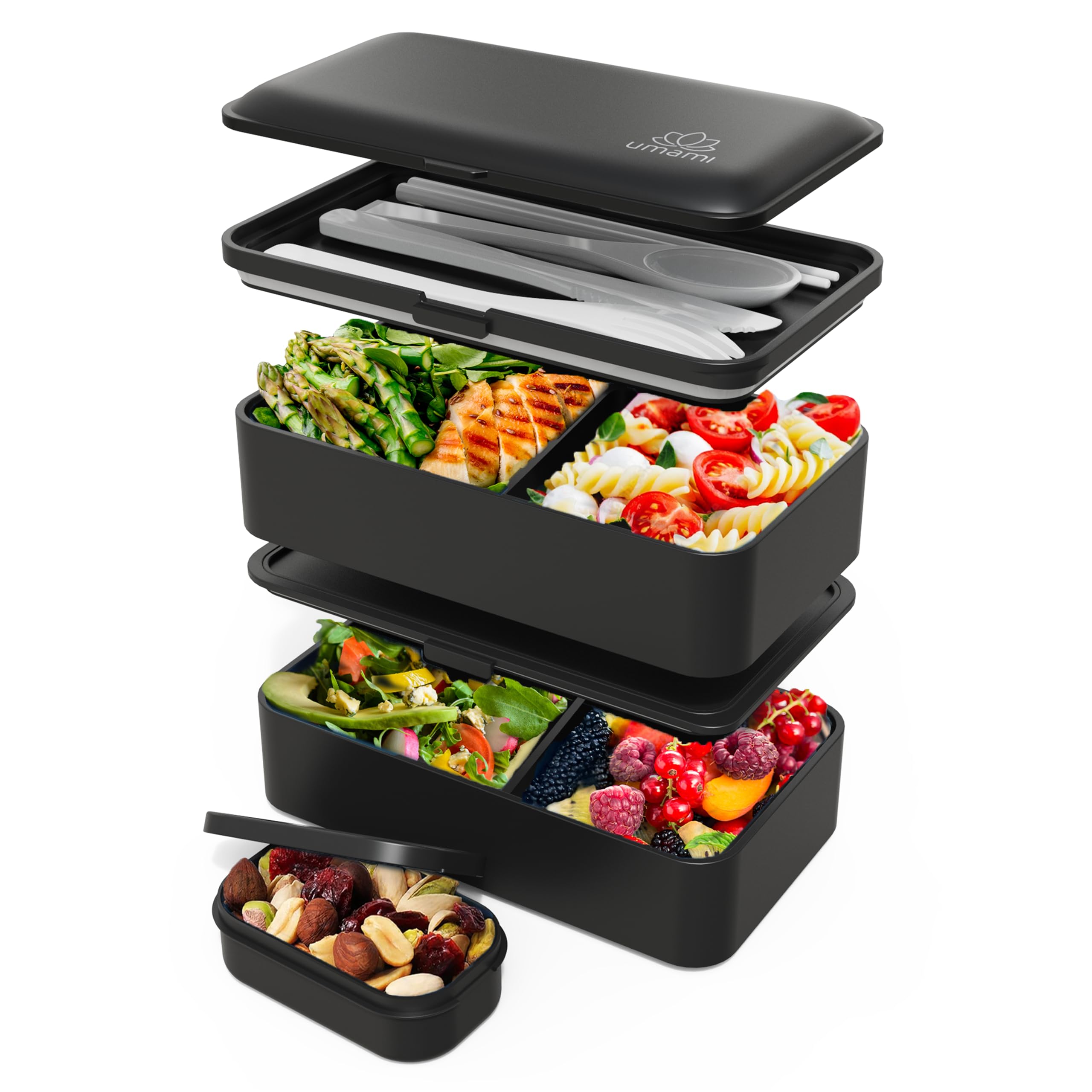 Umami Bento Box Adult All-In-1 w/4 Utensils, Sauce Jar, 2 Dividers, 100% Leakproof, Microwave & Dishwasher Safe, Stackable Bento Lunch Box Containers for Men/Women, Matte Black, 40 oz