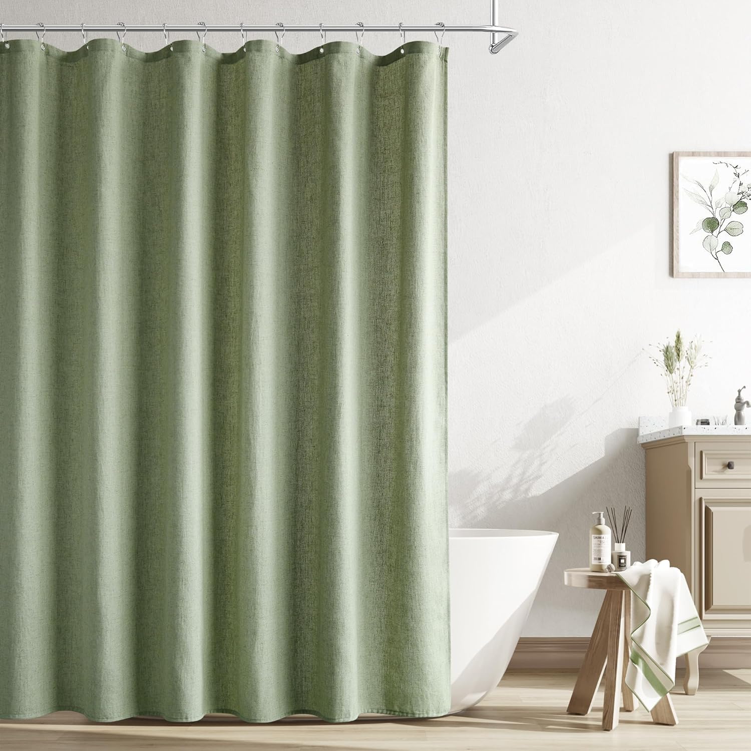 Naturoom Sage Green Shower Curtain 80 inches Long, Linen Rustic Weighted Fabric