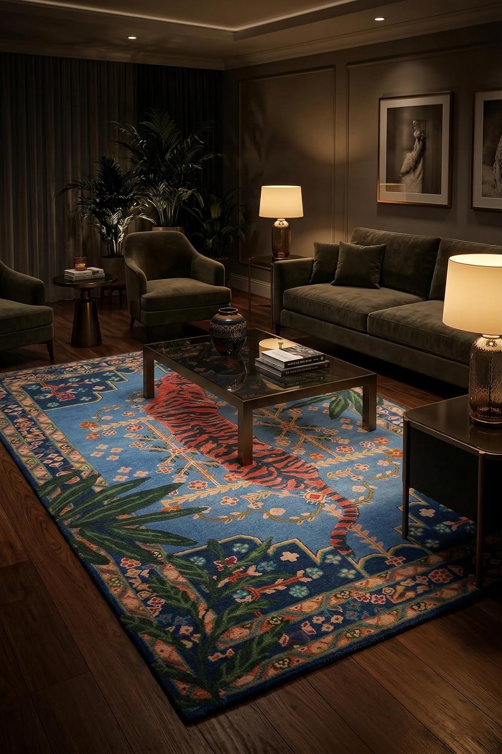 Handmade Wool and Silk Tufted Rug with Bengal Tiger Motif in Blue, Oriental Botanical Design, Luxurious Living Room Carpet, Home Decor Accent, 5x7 Ft