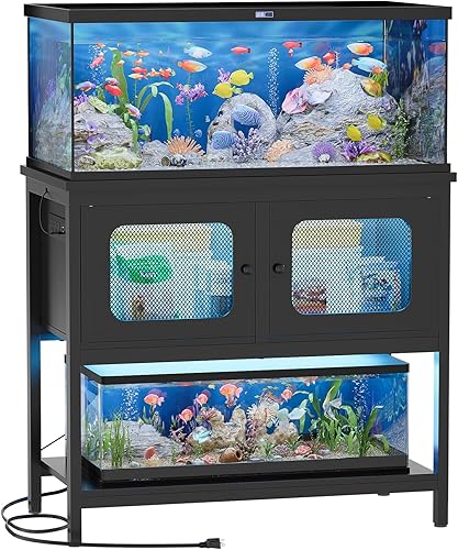 Soporte de tanque de peces de 40 galones con luz LED y tomacorriente, soporte de metal para acuario con gabinete y almacenamiento de accesorios,