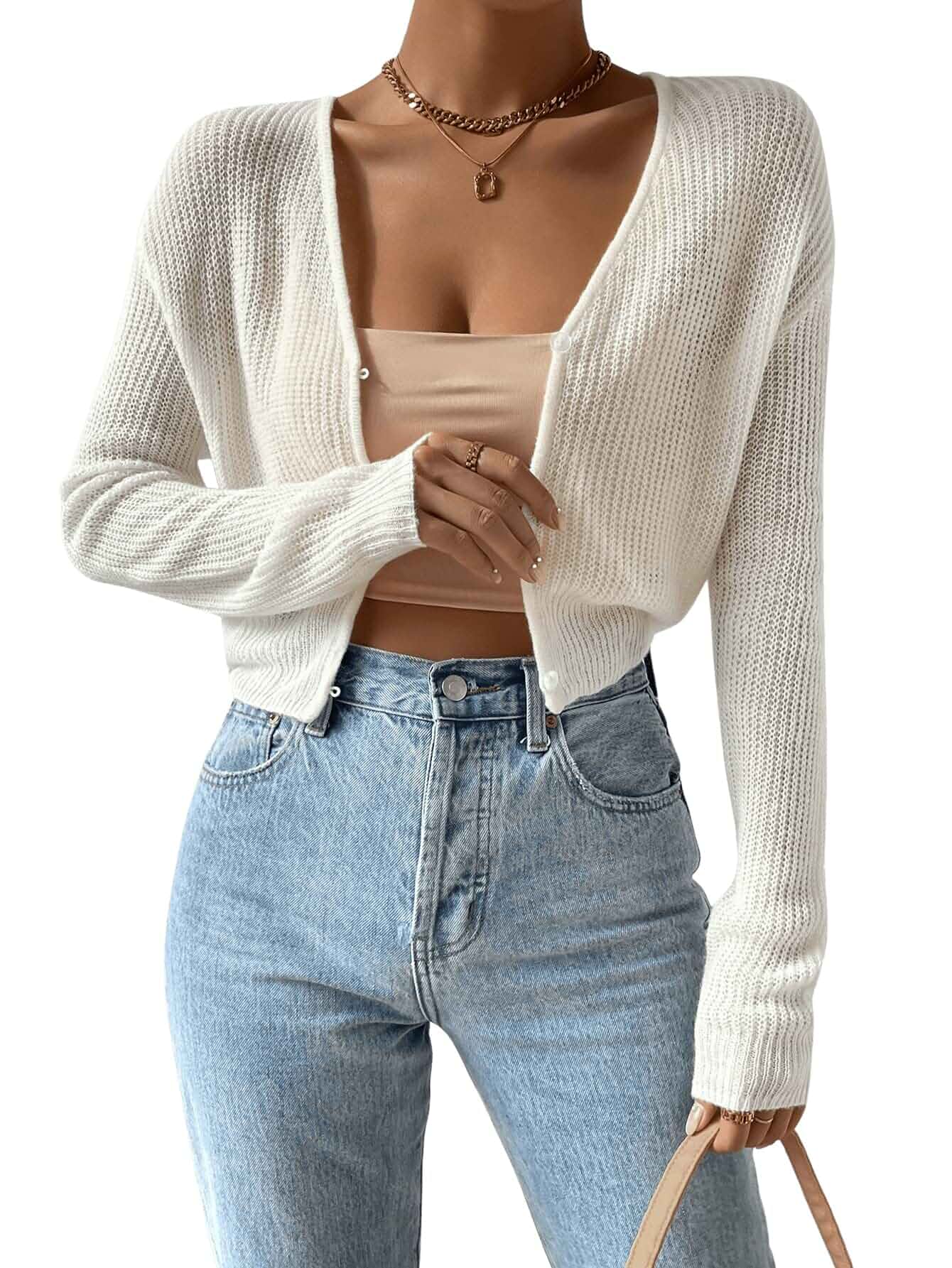 Verdusa Women's Drop Shoulder Long Sleeve Button Up Knit Cardigan Sweater Long Sleeve