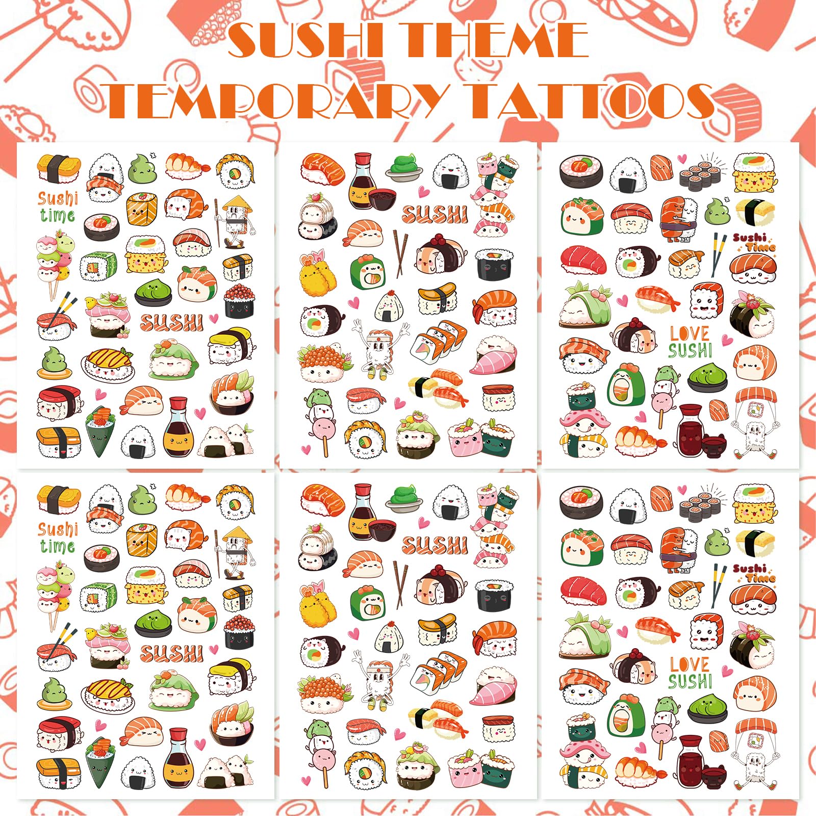 Sushi Temporary Tattoos Stickers, Japanese Theme Tattoo Stickers for Kids, Birthday Party Favors Goodie Bag Fillers Supplies Decorations, Classroom School Prizes Rewards Gifts(6 Sheets)
