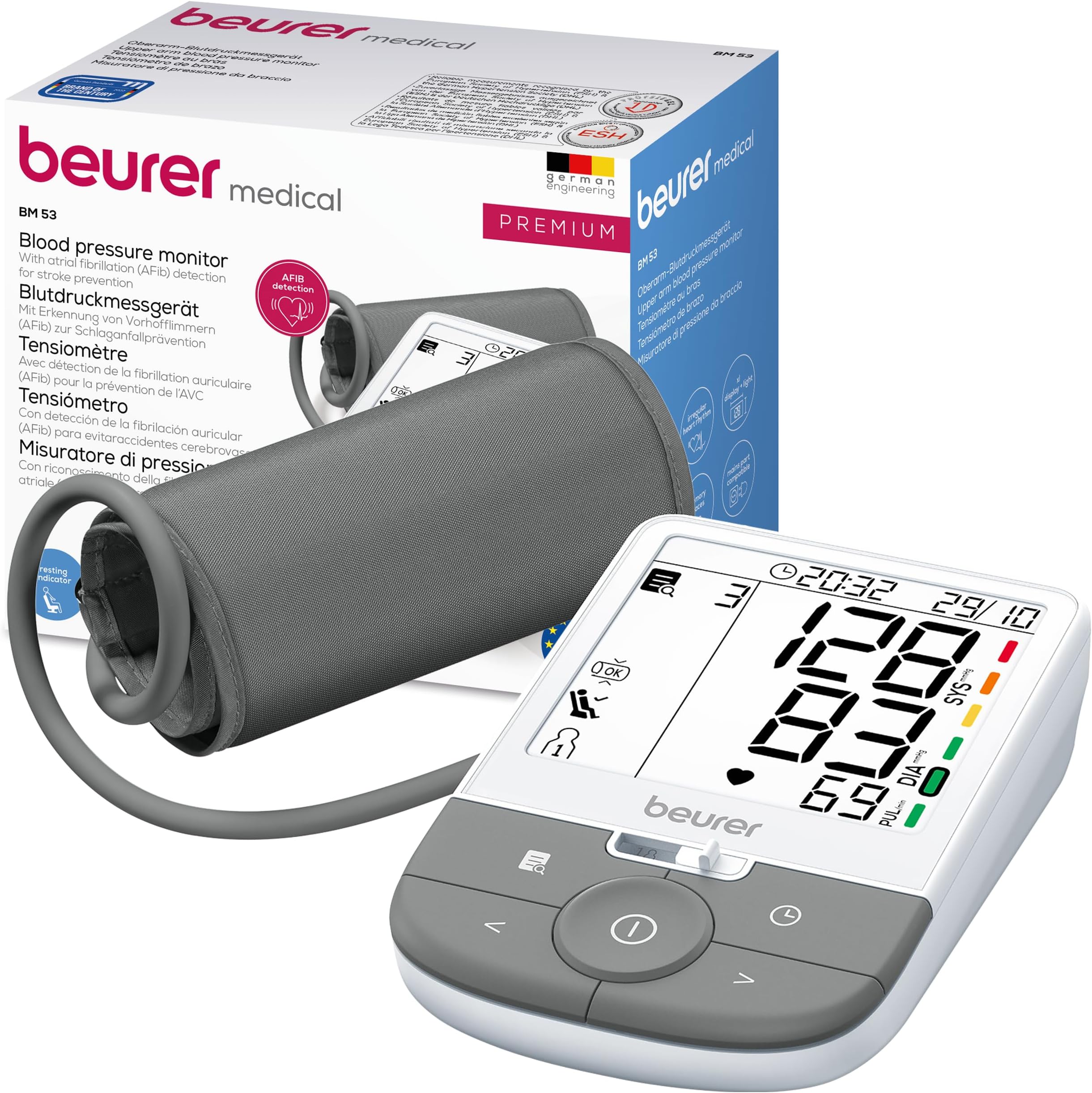 Beurer BM 53 Upper Arm Blood Pressure Monitor - Made in Europe - AFib Detection - Risk Indicator - Arm Circumferences 22-42 cm - Data Transfer to Apple Health