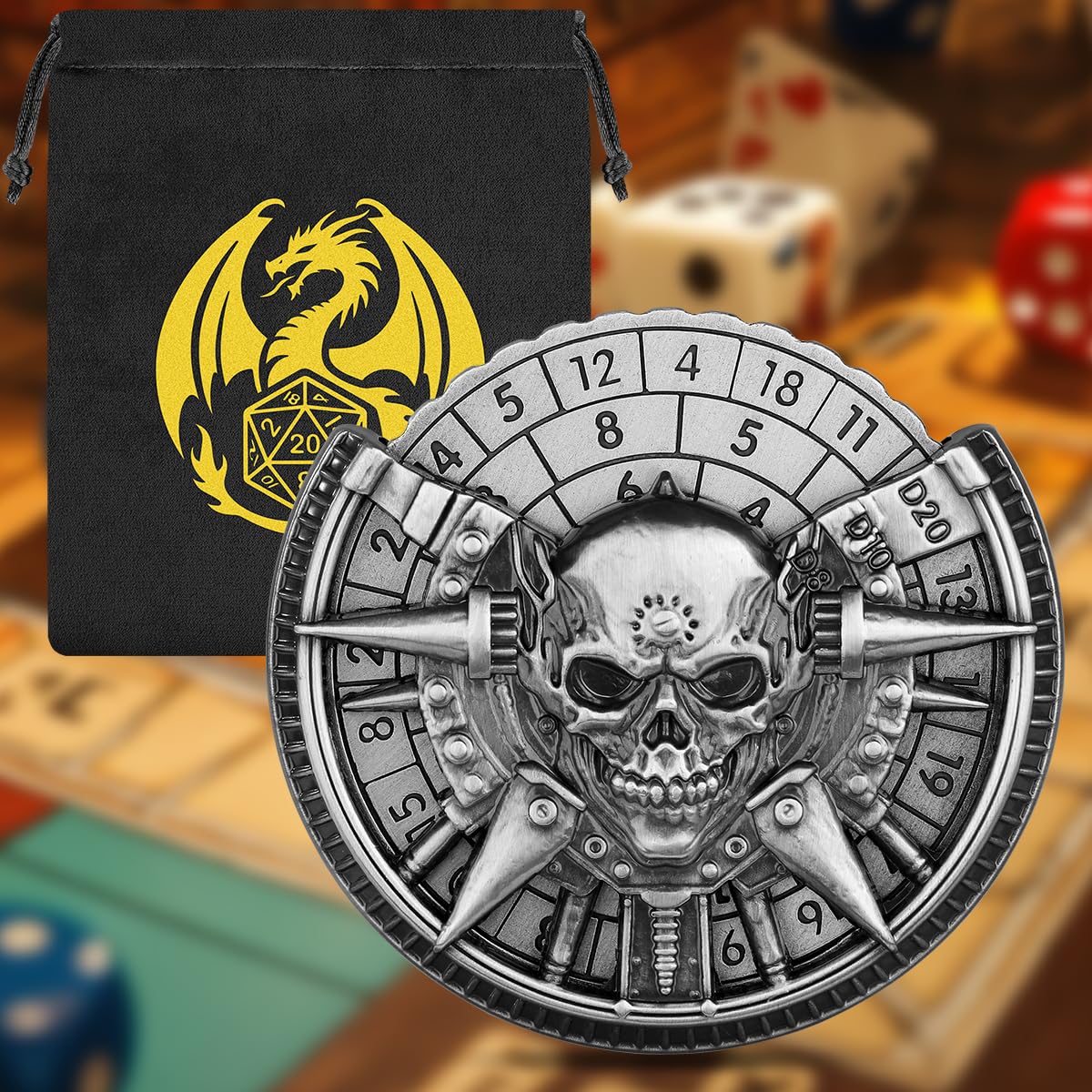 Teschio Roulette Dadi Spinner, 7-in-1 Metallico Spinner Dadi DND, Teschio Fidget Spinners, Regali di D&D con Sacchetto Regalo Logo Drago, Giochi di Ruolo, Accessori per Giochi da Tavolo, Argento Scuro
