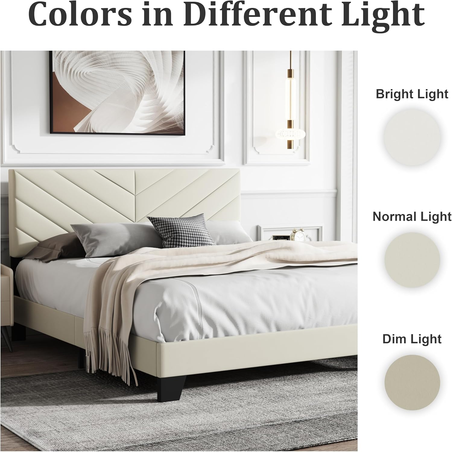 Queen Size Bed Frame Platform with Upholstered Headboard, Sturdy Wooden Slats, Noiseless, No Springs Required, Easy to Assemble Beige - Image 7