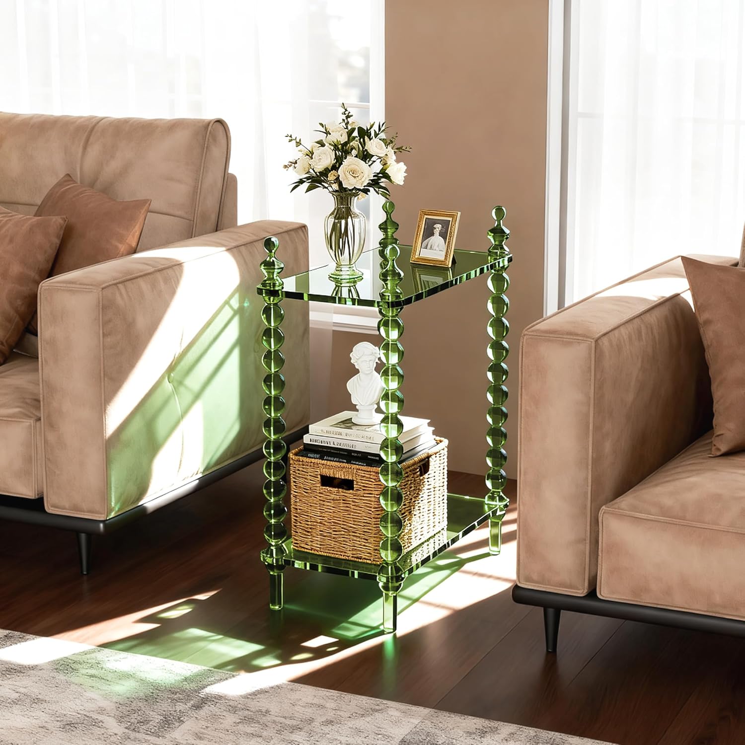 Acrylic Side Table 2-Tier, Clear Nightstand with Storage, Narrow Bedside End Table for Small Spaces (Green, 20.6"×10.4“×26”)