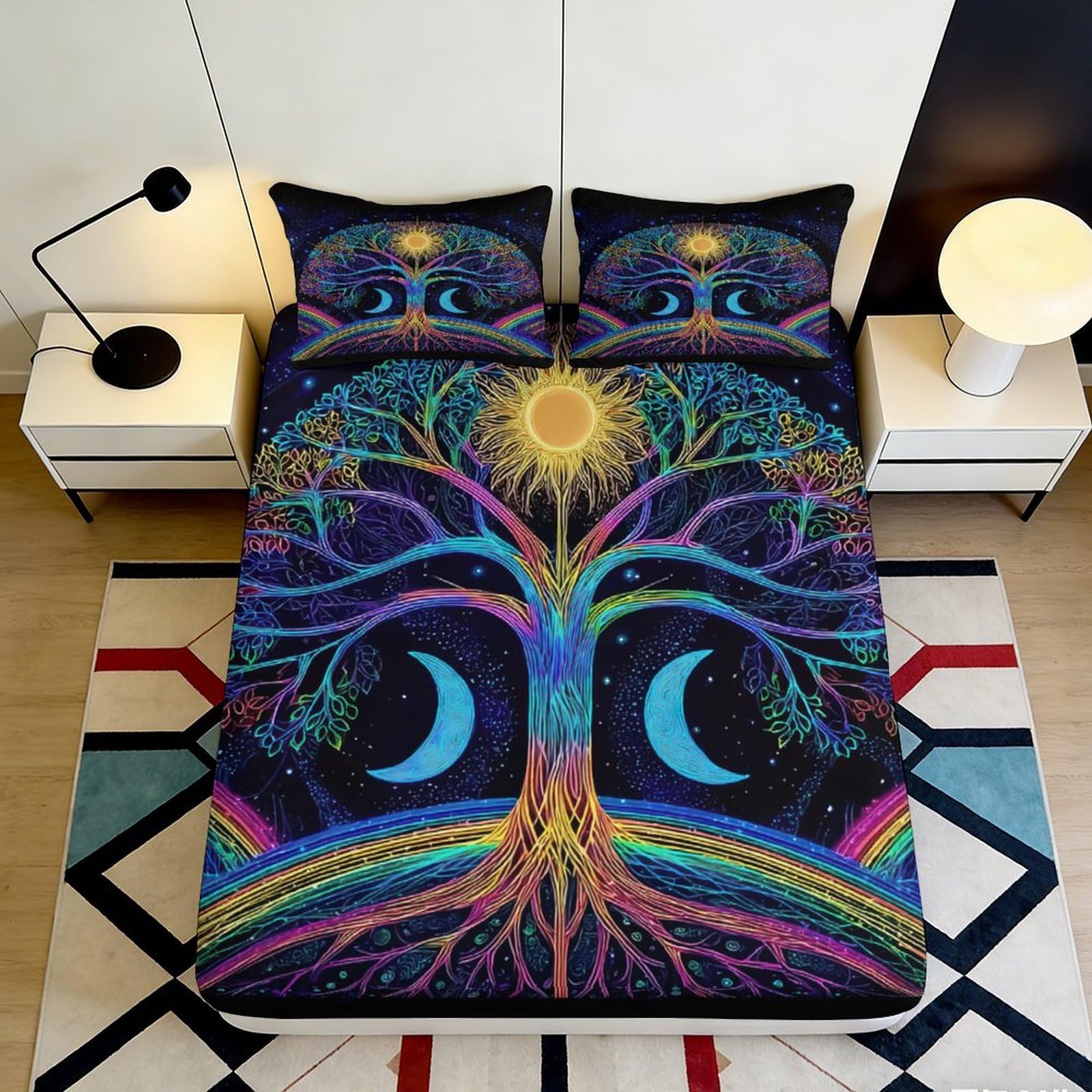 3D Printed Tree of Life Fitted Sheet Microfiber Colorful Moon Bed Cover for Bedroom Dorm Mattress Protection Decor 90x200x25cm
