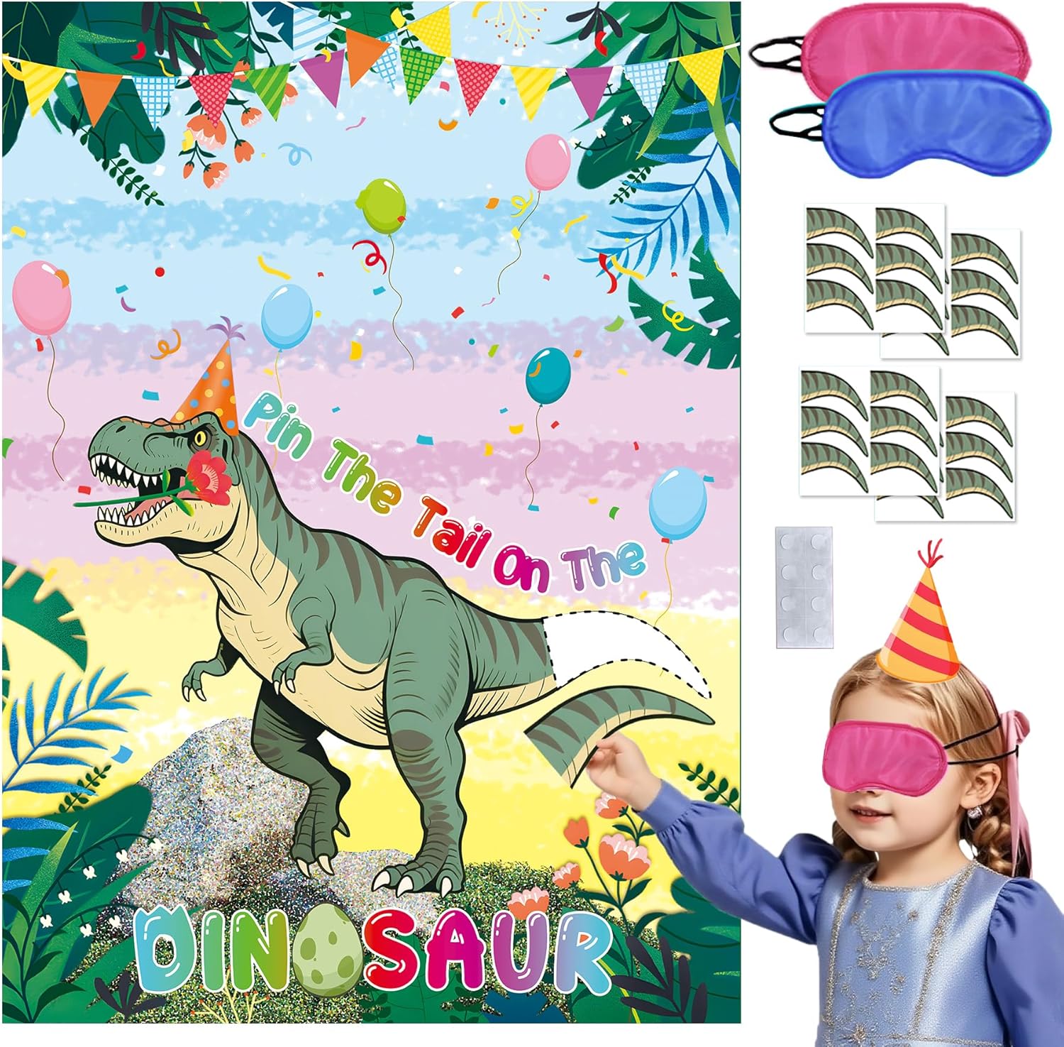 Pin The Tail on The Dinosaur Party Game for Kids Birthday, 21x28 Inch Birthday Party Games for Kids with 24 pcs Tail Stickers, Birthday Party Supplies for Wall Home Room Decor