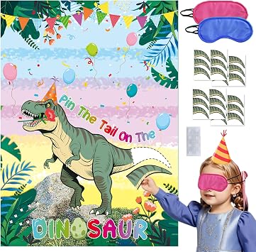 Pin The Tail on The Dinosaur Party Game for Kids Birthday, 21x28 Inch Birthday Party Games for Kids with 24 pcs Tail Stickers, Birthday Party Supplies for Wall Home Room Decor