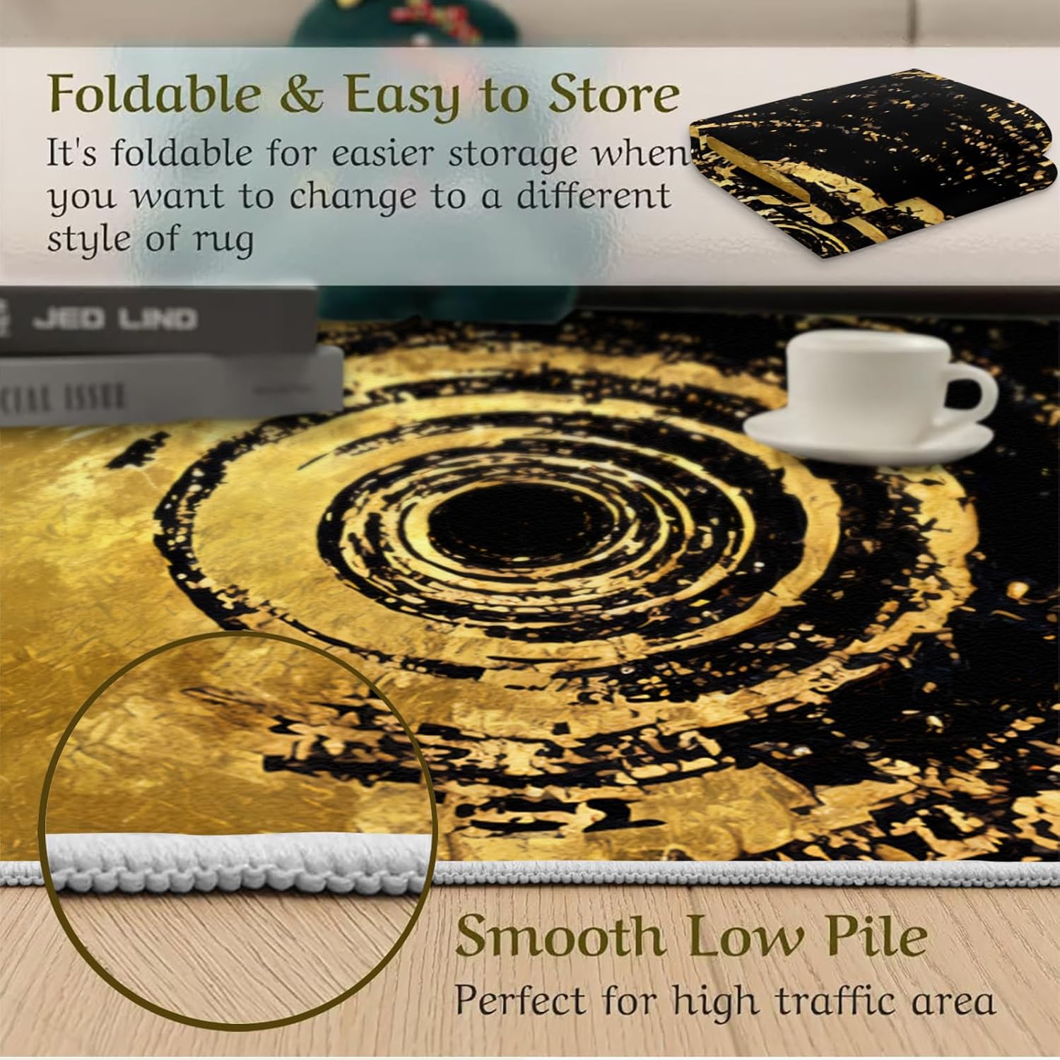 Luxury Home Decor Area Rugs, Abstract Black and Gold Circle Geometry Washable Rugs, Non-Slip Non-Shedding Foldable Dirty Resistant Runner Mat for Living Room Bedroom Entryway Hallway Sofa 3x4ft