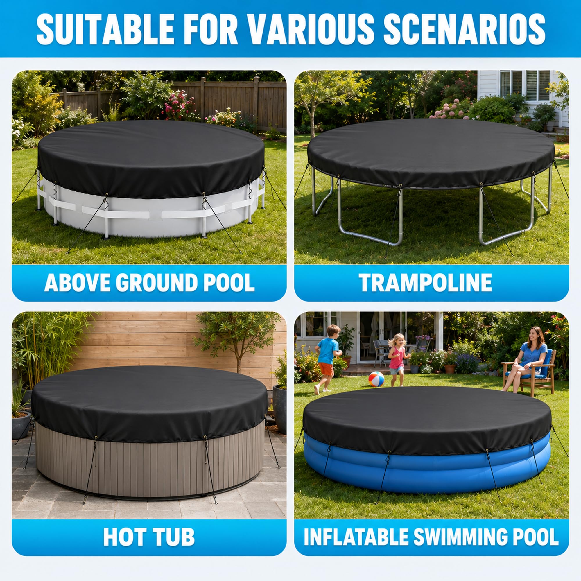Cubierta de piscina redonda de 305 cm – Cubierta de invierno de tela Oxford 420D con revestimiento de poliuretano, protección UV, cordón y clavos para el suelo, resistente al viento y a las roturas